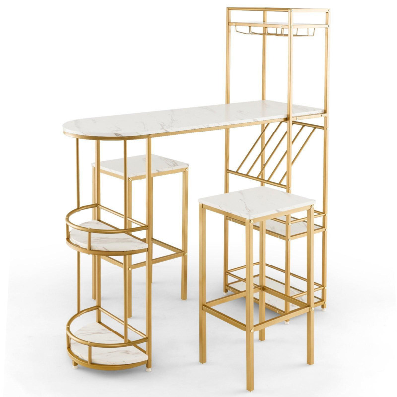 3PCS Bar Table & 2 Stool Kitchen Dining Set with Storage Shelves Glass