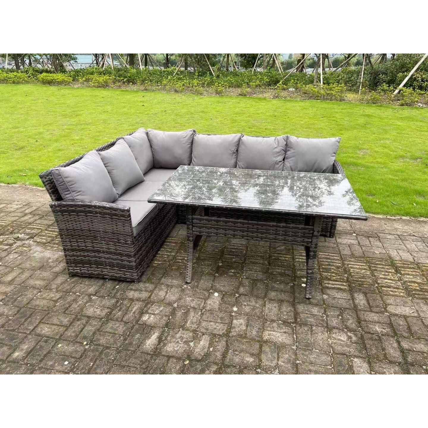 High Back Dark Mixed Grey Rattan Corner Sofa Set Outdoor Furniture Rectangular Dining Table 6