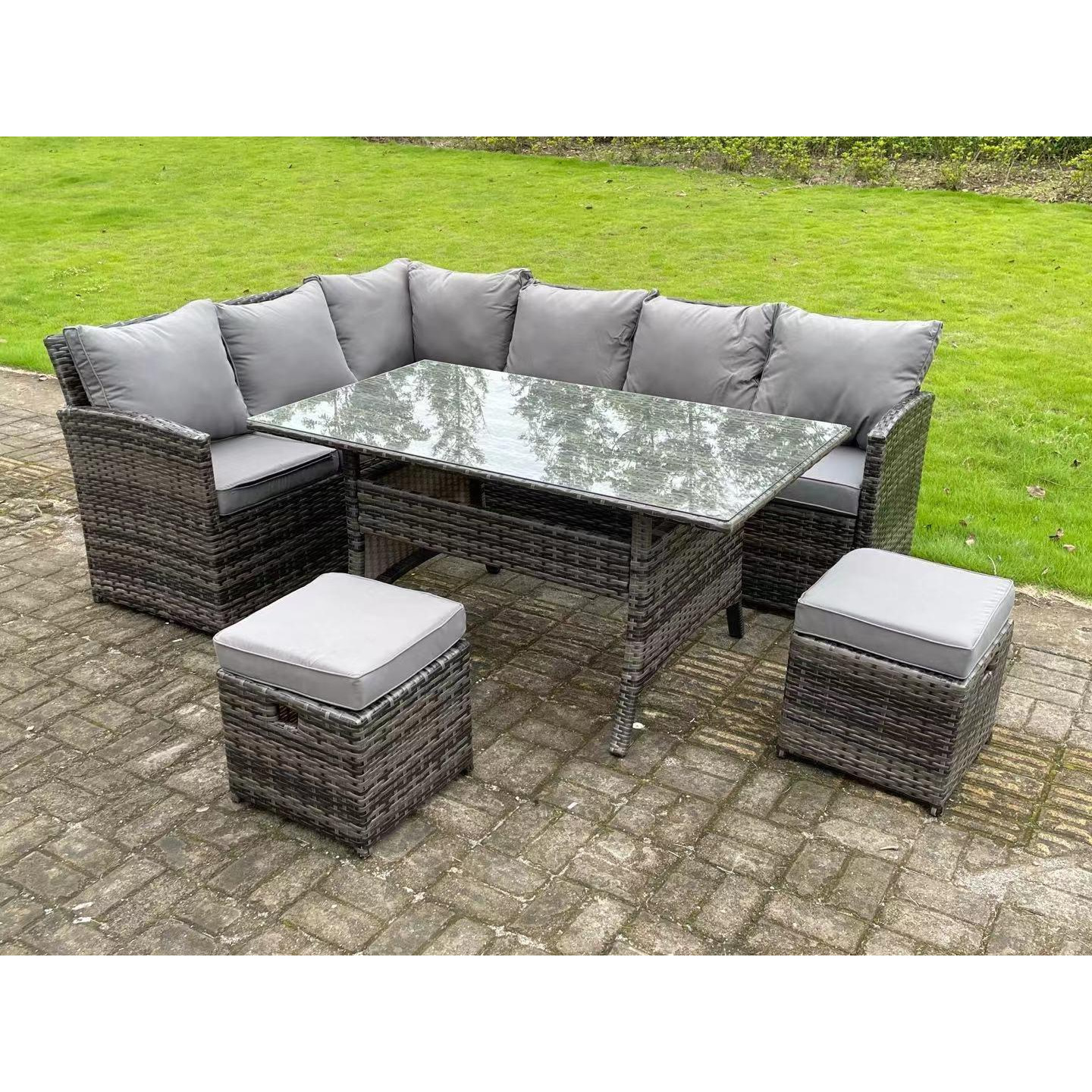 High Back Rattan Corner Sofa Set Outdoor Furniture Rectangular Dining