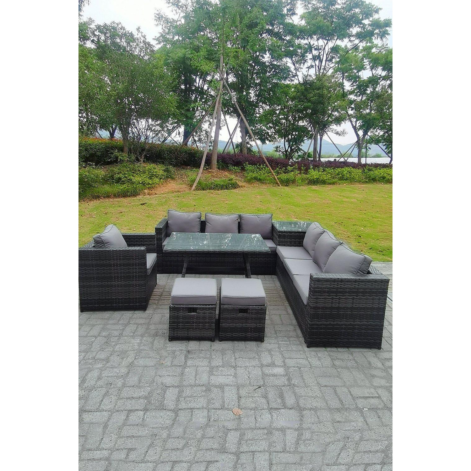 7 Seater Grey Rattan Corner Sofa Set 2 Table Armchair Footstool Garden