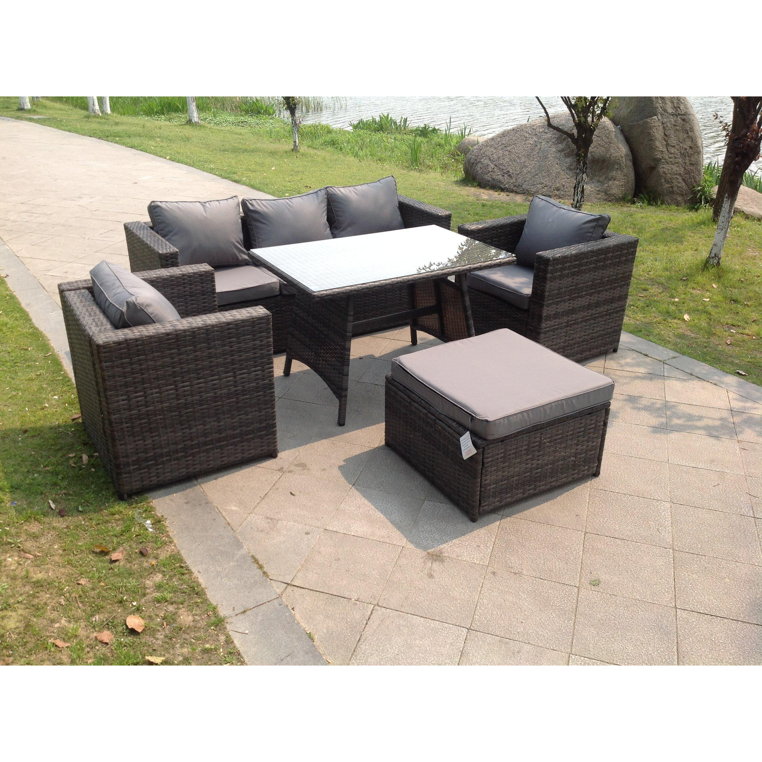 Grey Lounge Rattan Sofa Dining Table Set Chairs Ottoman Garden