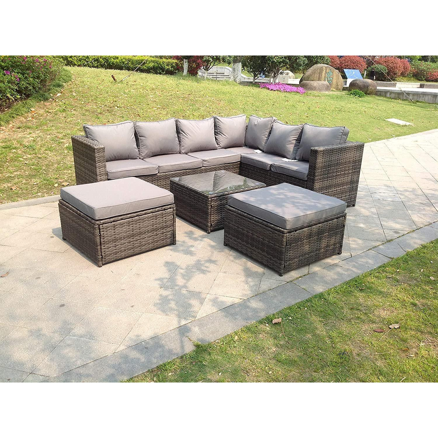 8 Seater Grey Rattan Sofa Set Coffee Table Ottoman Garden Furniture