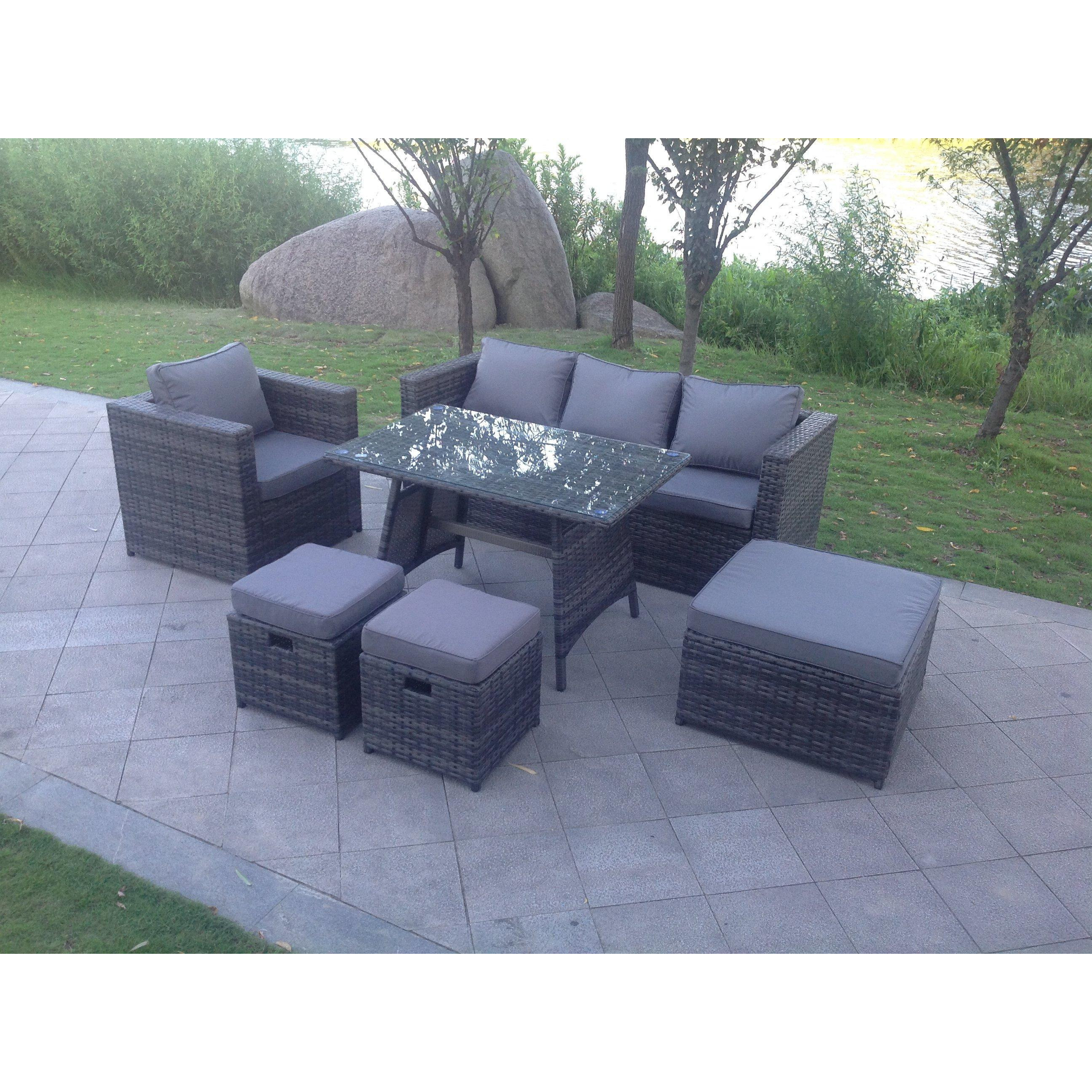 7 Seater Grey Lounge Rattan Sofa Set Dining Table Chair Foot Rest