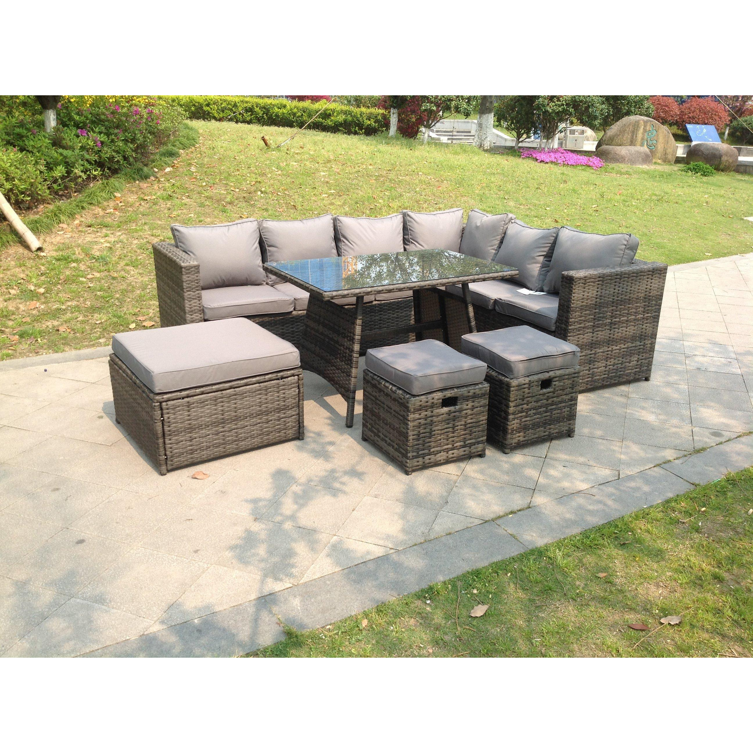 9 Seater Grey Rattan Corner Sofa Set Dining Table with 2 Small Footstool Garden Furniture