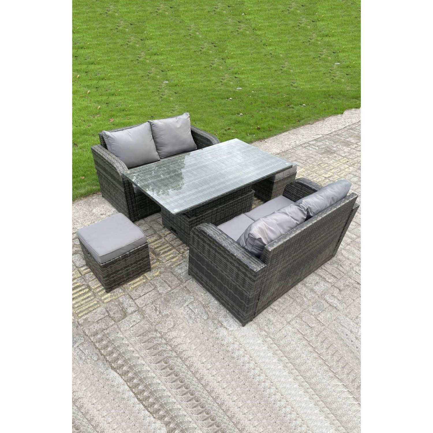 Rattan Garden Furniture Sofa Set Dining Table Height Adjustable Rising lifting Table Two Seater