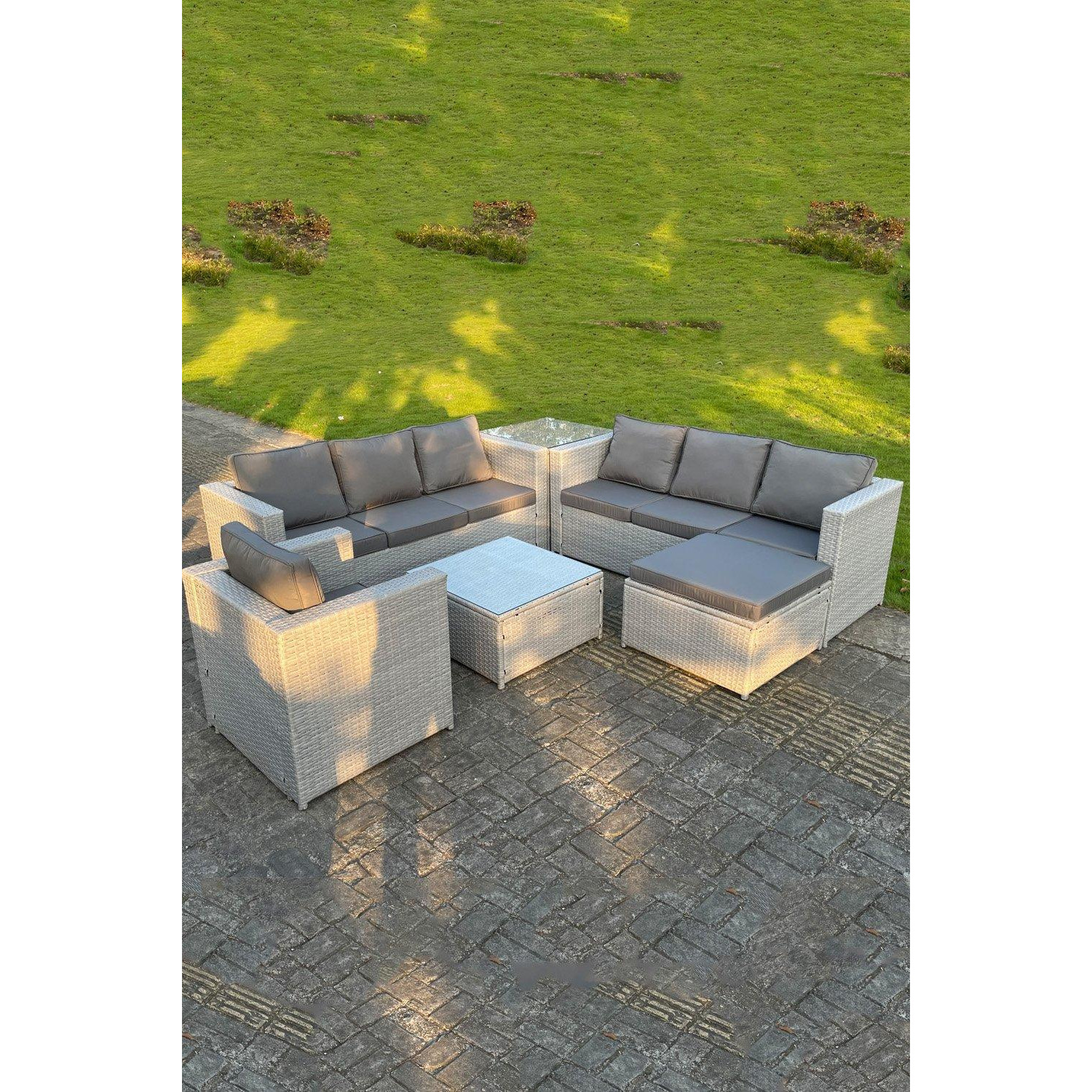 Light Grey Outdoor Rattan Garden Furniture Set Corner Sofa Set 2 Coffee Table by Debenhams