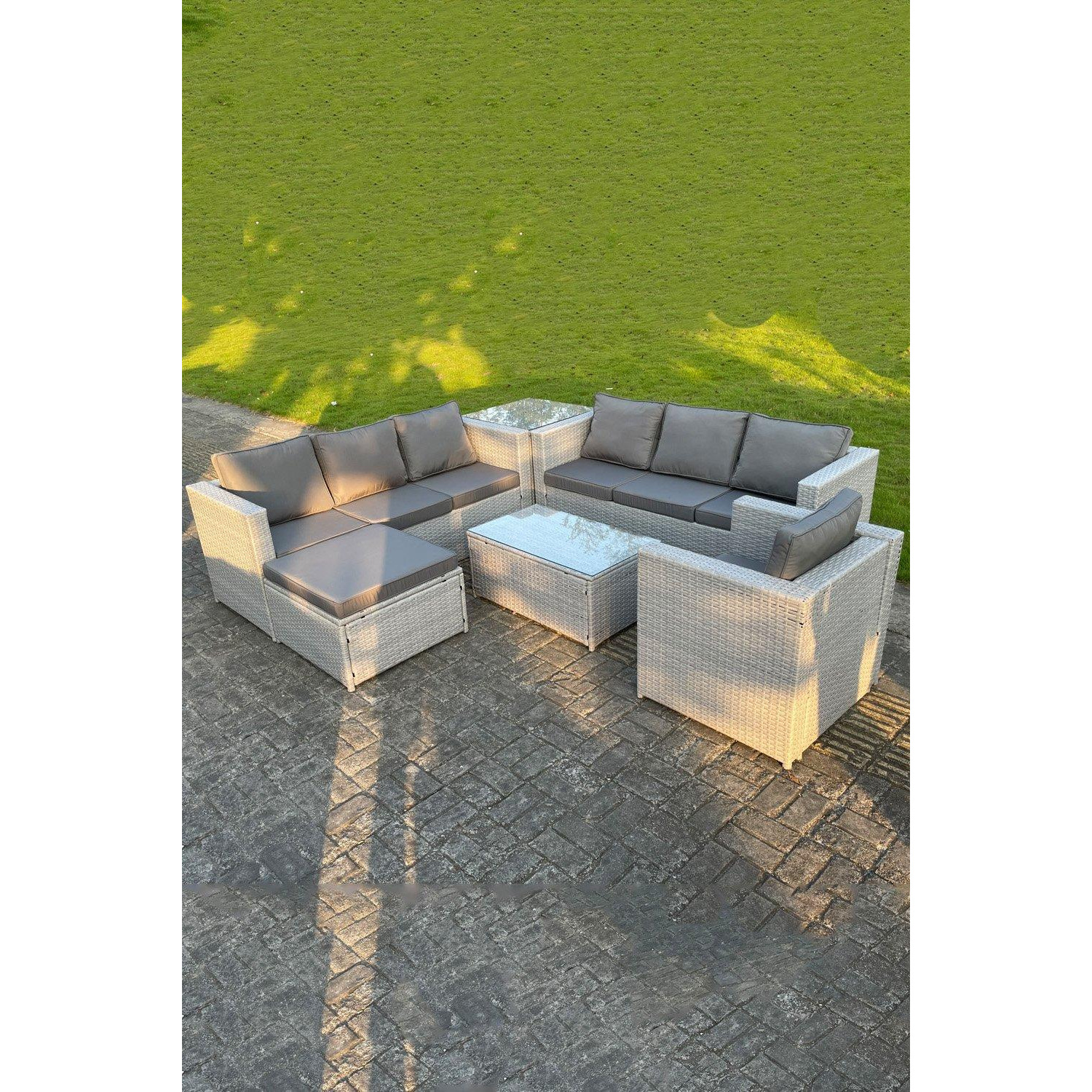 Light Grey PE Rattan Garden Furniture Set Corner Lounge Sofa Set Oblong