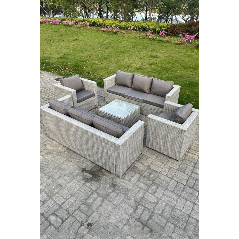 Light Grey Outdoor PE Rattan Garden Furniture Set Wicker Sofa Set Square Coffee Table by