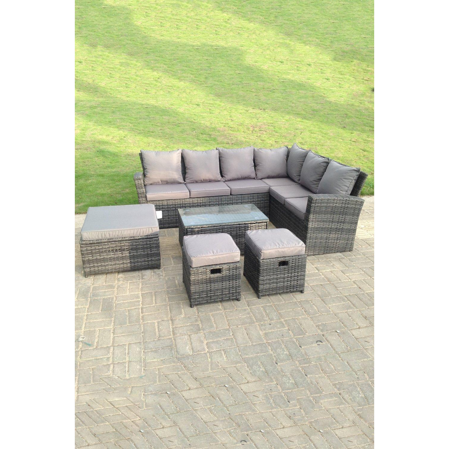 9 Seater High Back Rattan Set Corner Sofa With Oblong Coffee Table And