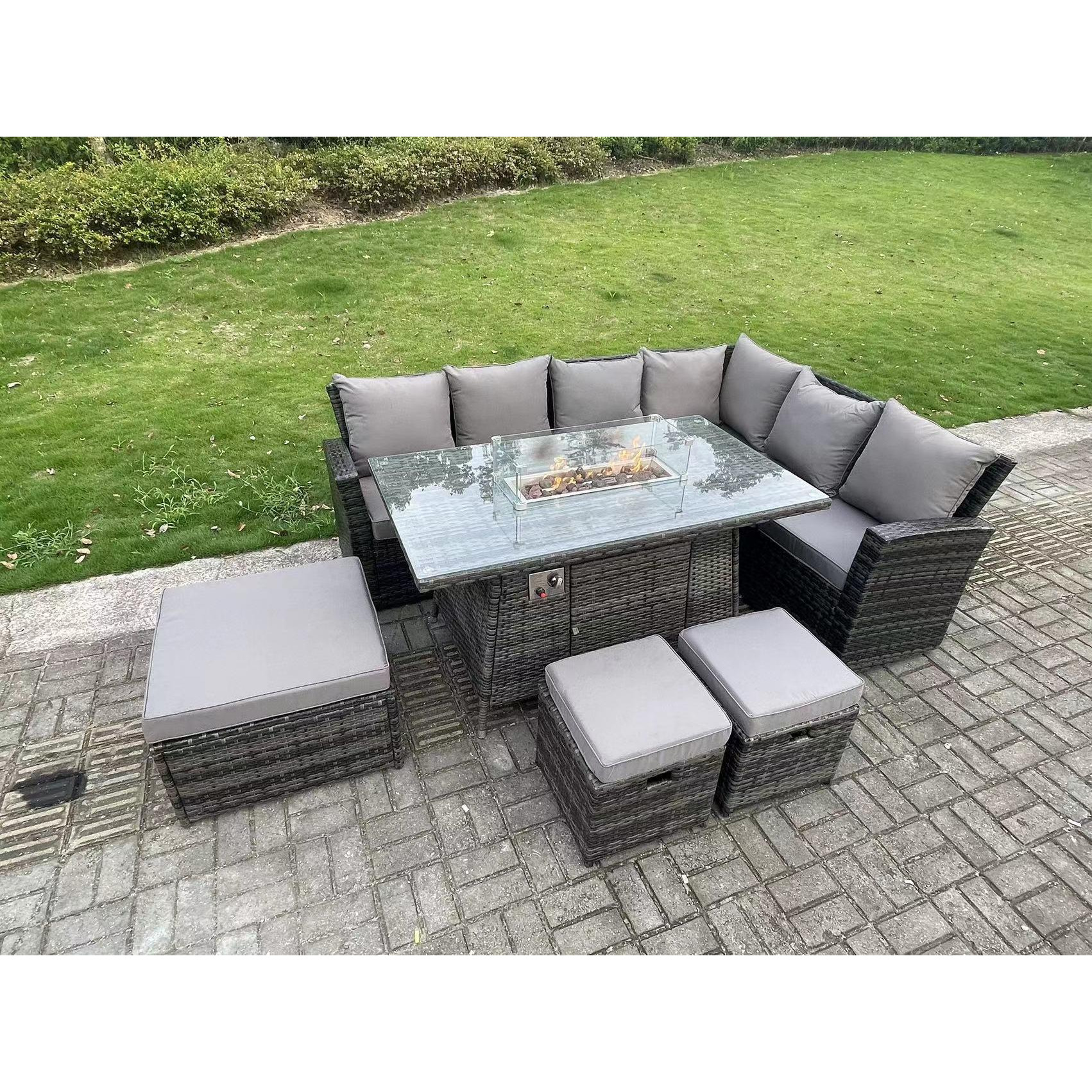 9 Seater High Back Rattan Gas Fire Pit Corner Sofa Set Garden Furniture Heater Dining Table Set