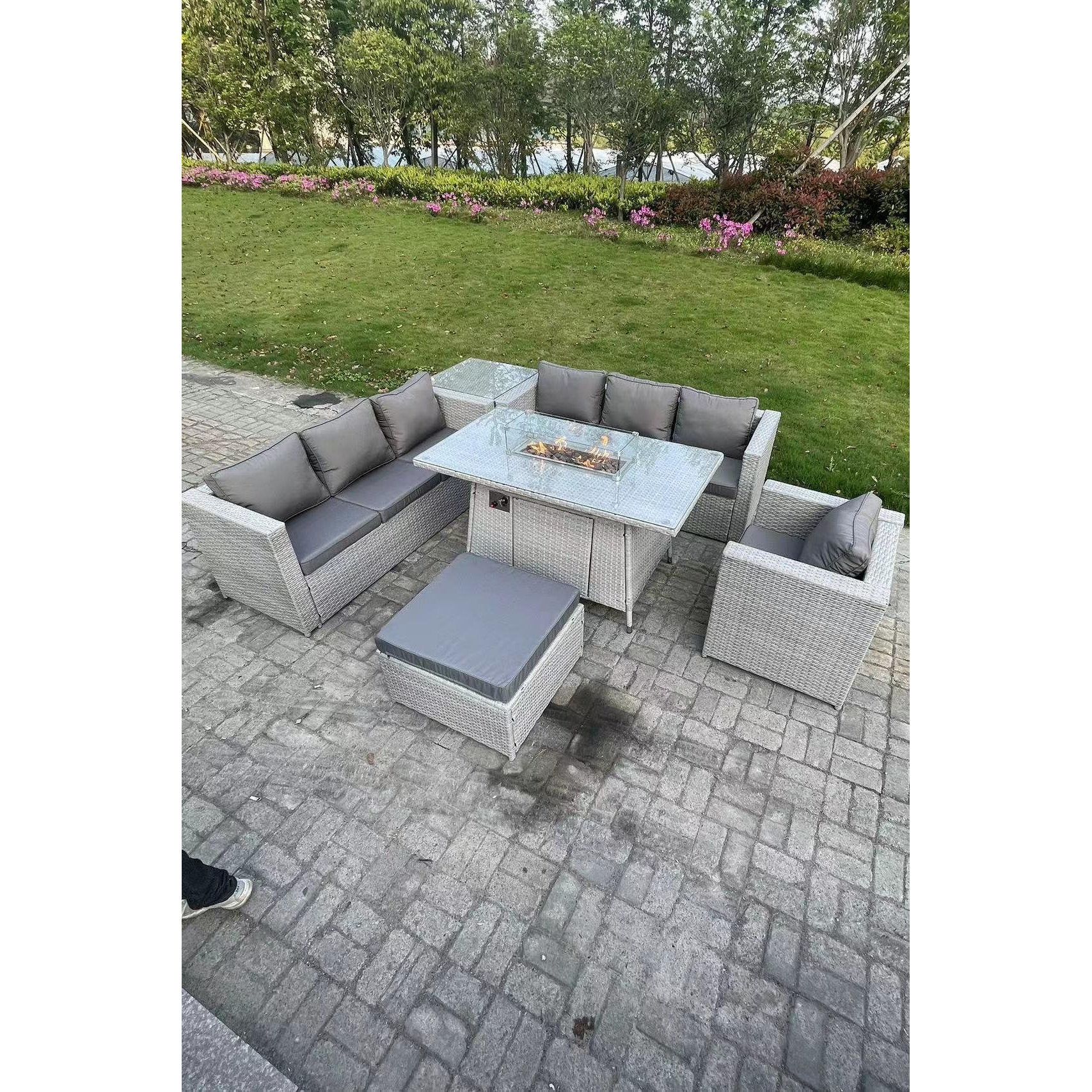 Rattan Fire Pit Garden Furniture Set Gas Heater Burner Lounge Sofa With