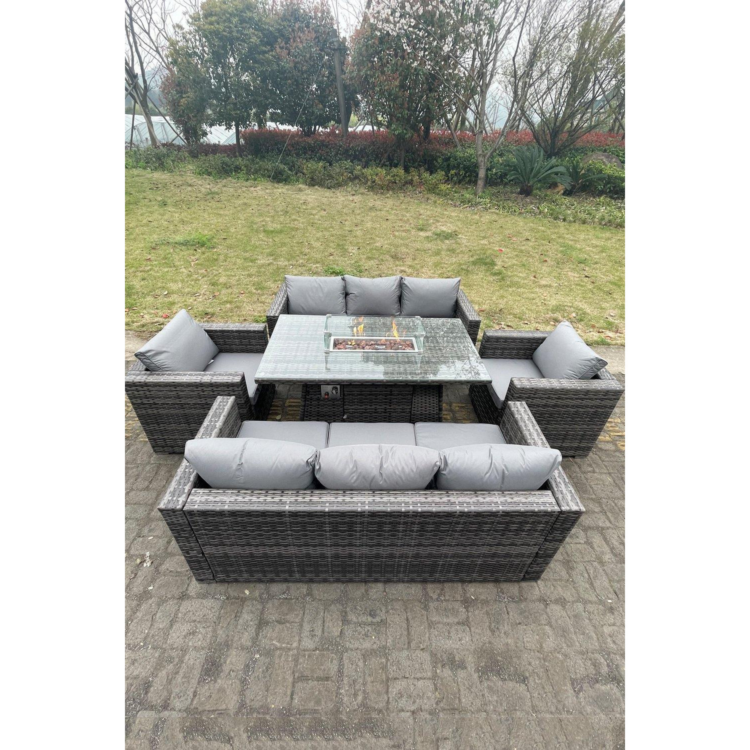 8 Seater Outdoor PE Rattan Garden Furniture Gas Fire Pit Dining Table Set Lounge Sofa 2 PC