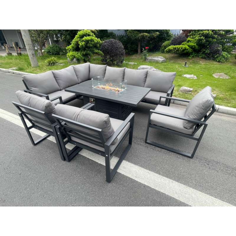 Aluminum Outdoor Garden Furniture Set Corner Sofa 3 PC Chairs Gas Fire