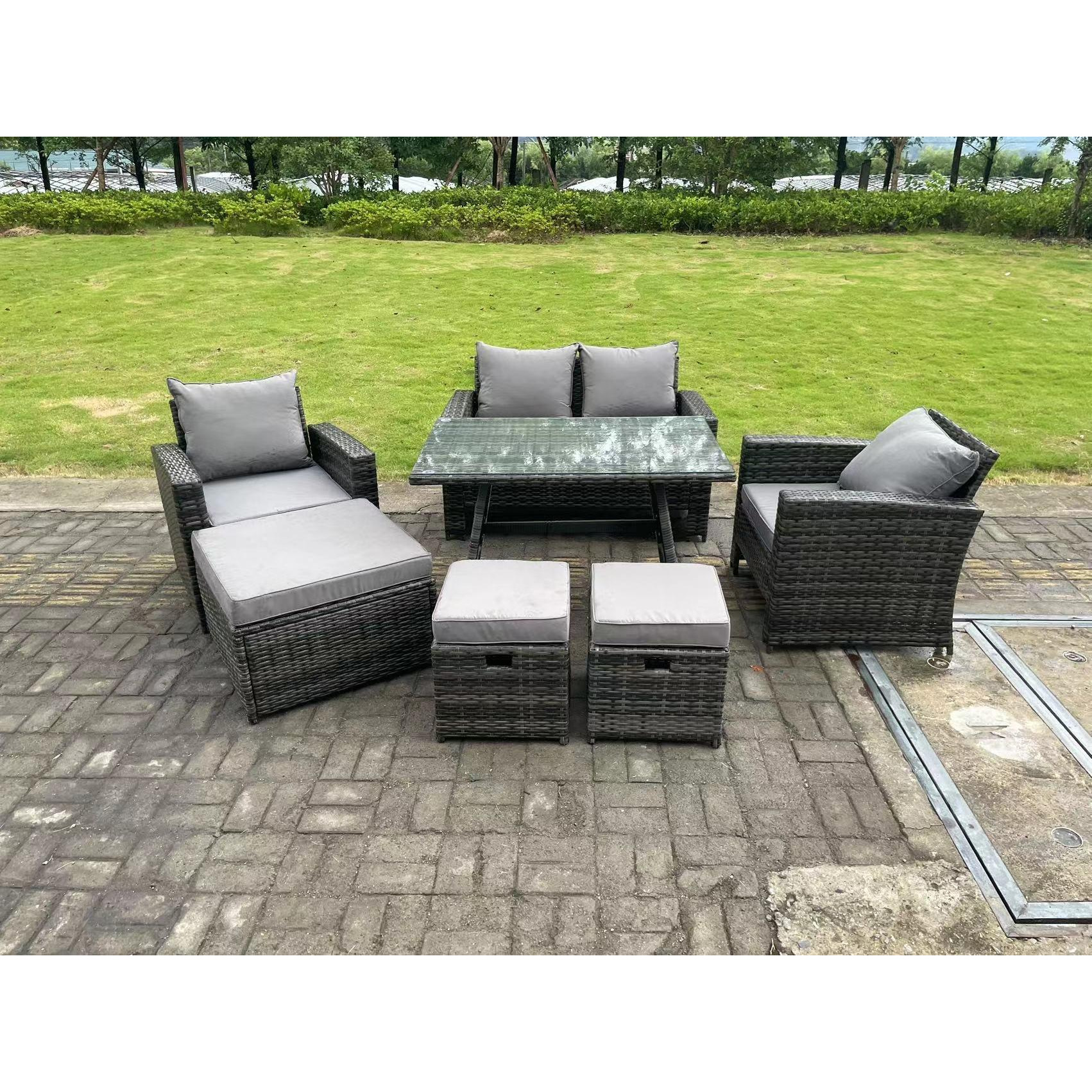 7 Seater Dark Grey Mixed High Back Rattan Sofa Set Dining Table Garden