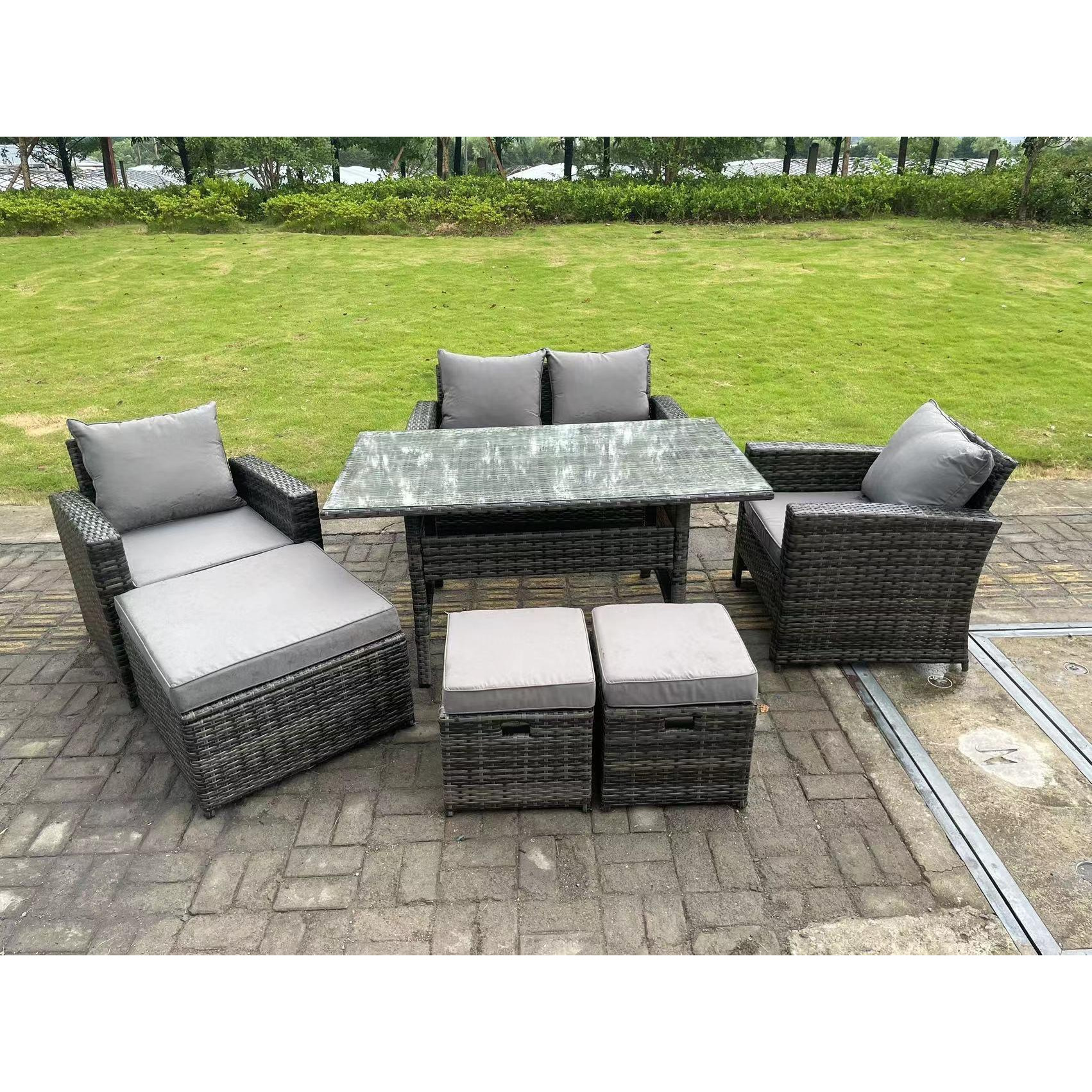 7 Seater Grey Mixed High Back Rattan Sofa Set Dining Table Garden