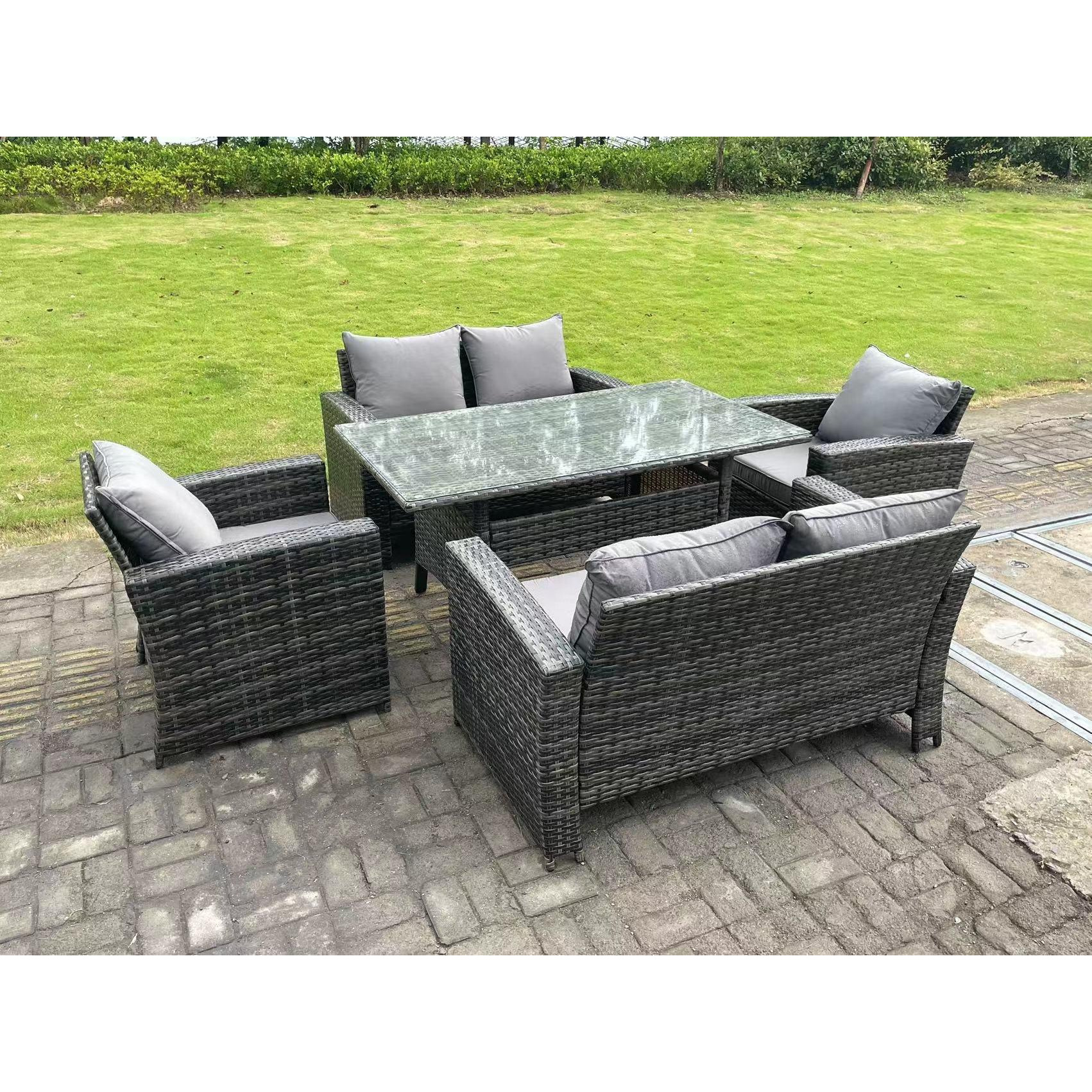 6 Seater Outdoor Dark Grey Mixed High Back Rattan Sofa Dining Table Set
