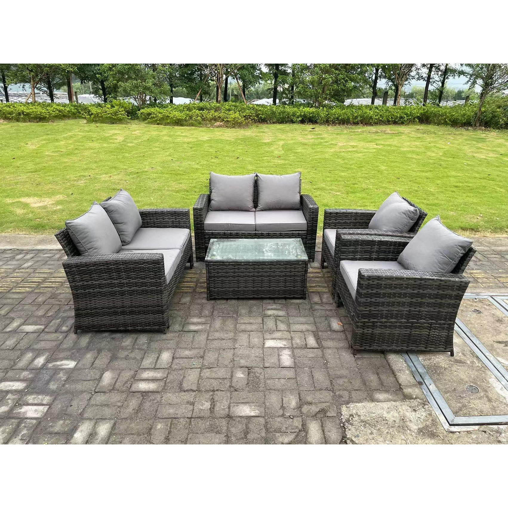 6 Seater Dark Grey Mixed High Back Rattan Sofa Set rectangular Coffee