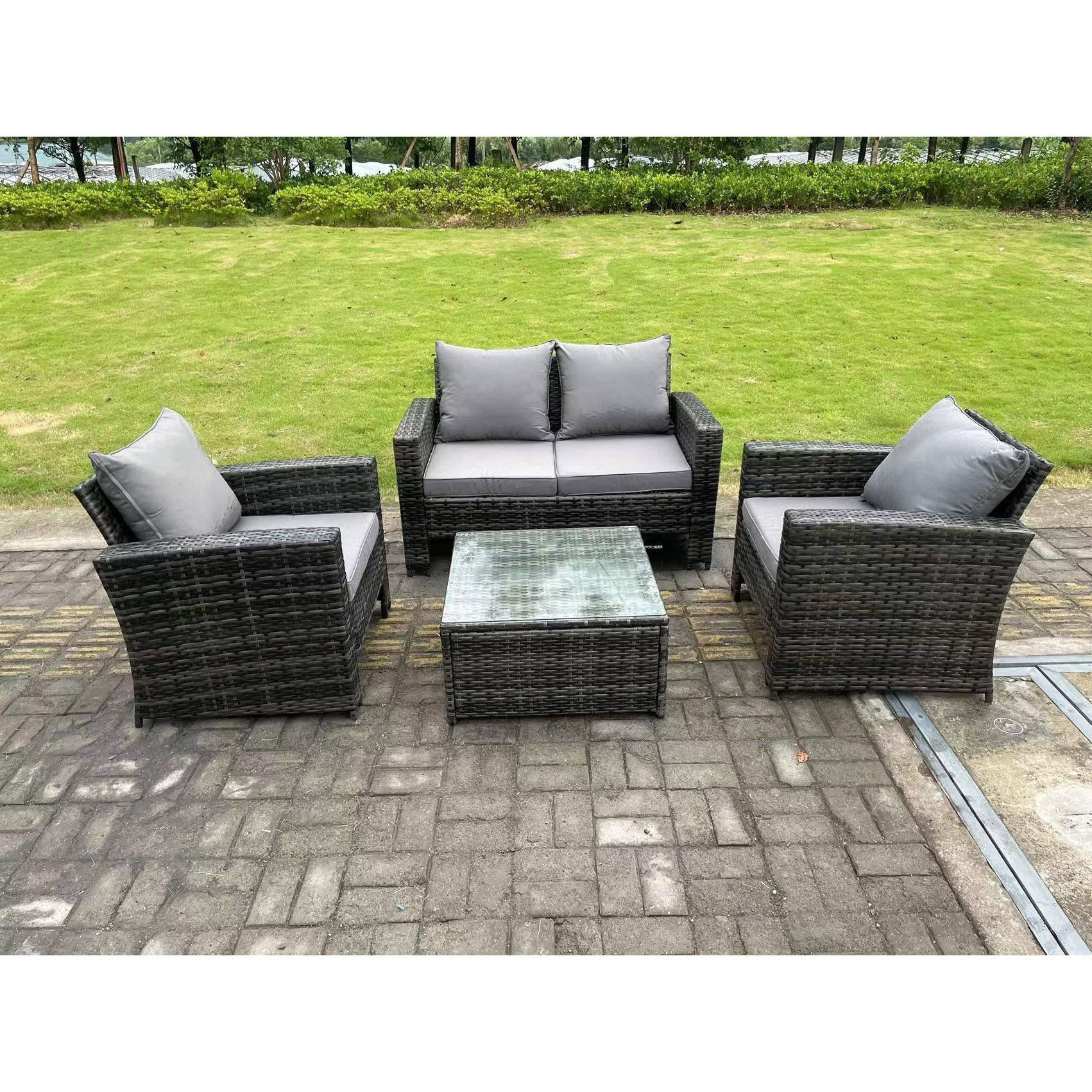 4 Seater Dark Grey Mixed High Back Rattan Sofa Set Square Coffee Table