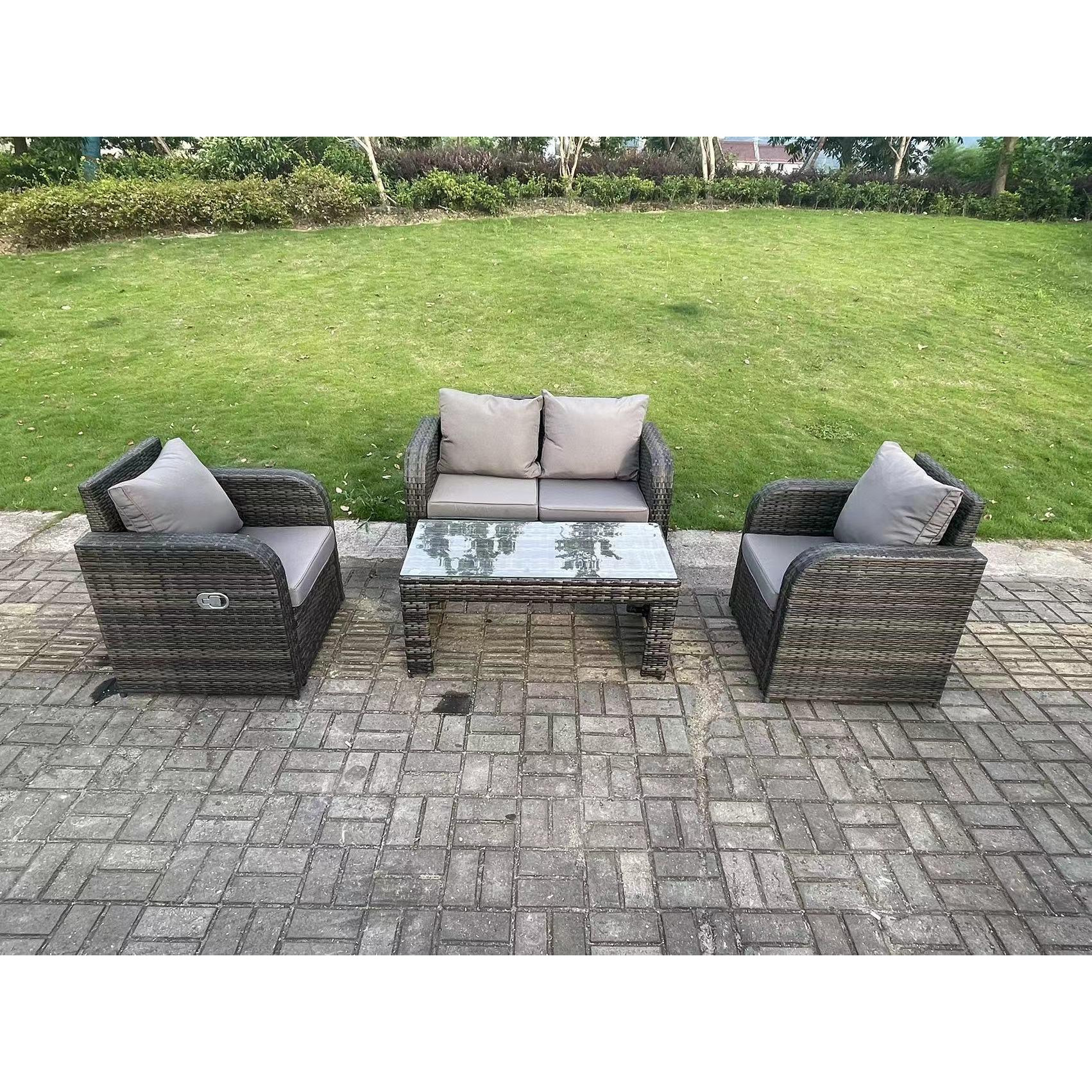 Dark Grey PE Wicker Rattan Garden Furniture Set Love Sofa Reclining