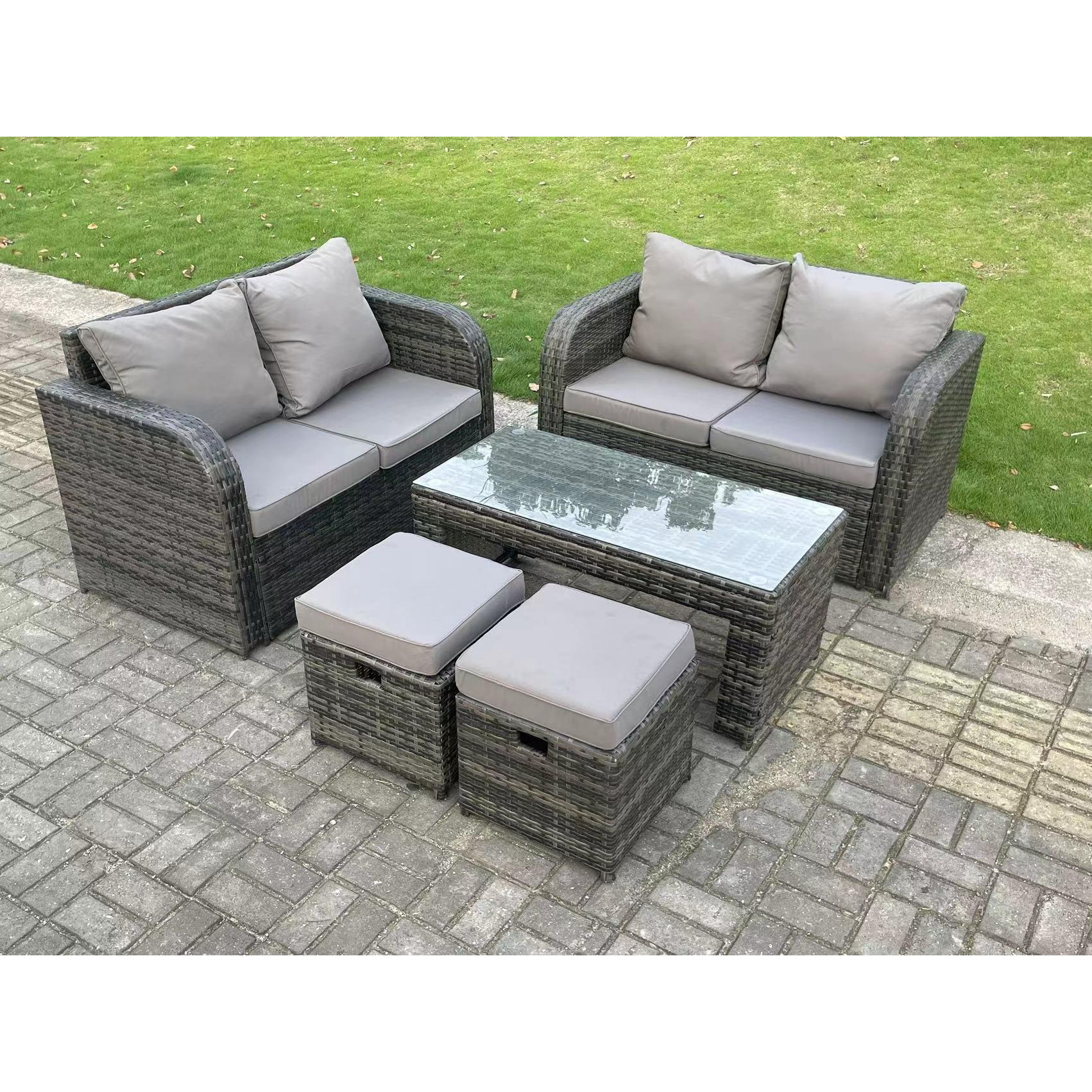 Dark Grey Rattan Garden Furniture Set Love Sofa 2 Seater Sofa Set Outdoor Rectangular Coffee
