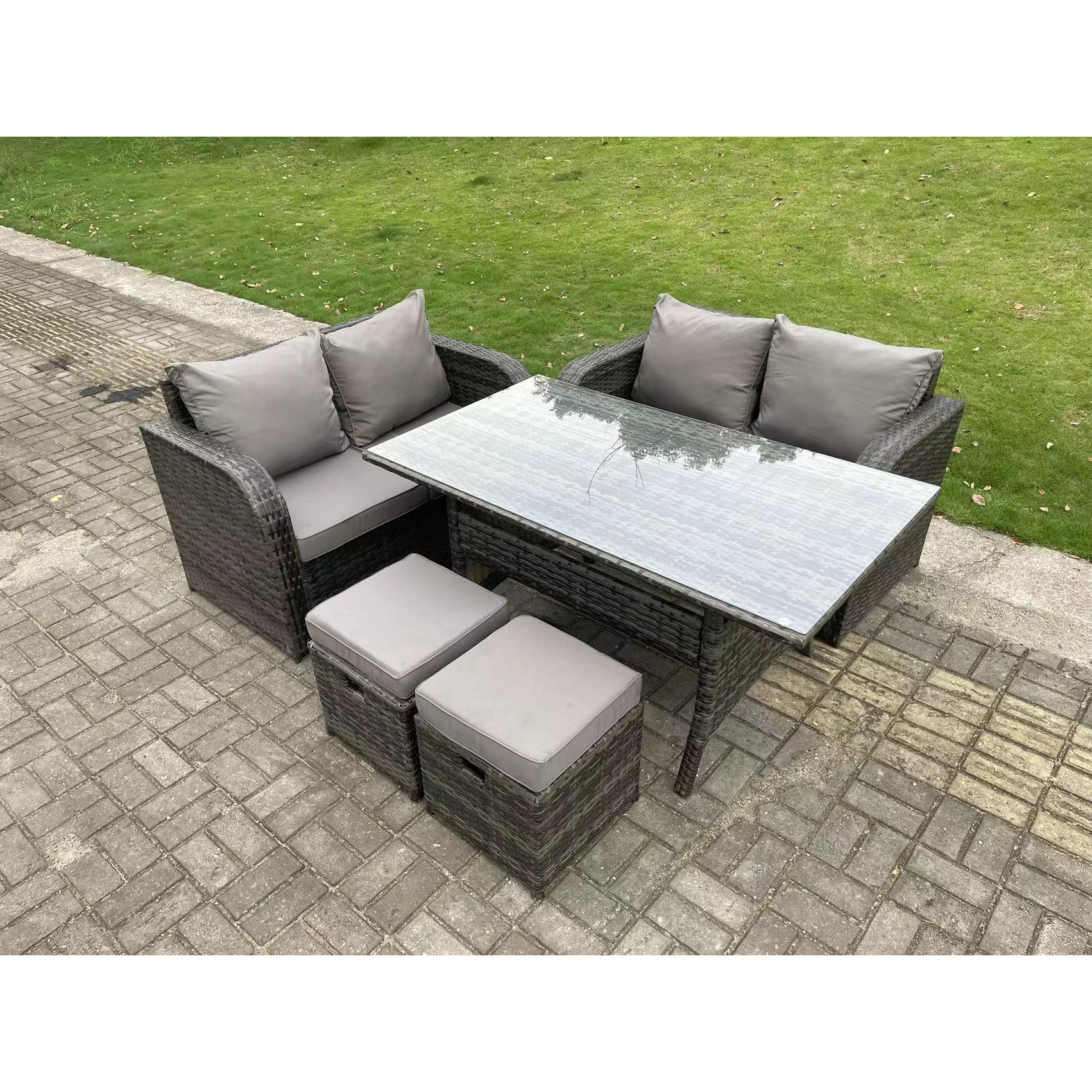 6 Seater Dark Grey PE Rattan Garden Furniture Set Love Sofa 2 Seater Sofa Set Outdoor