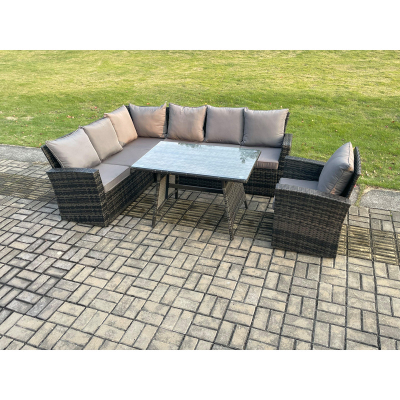 High Back Outdoor Garden Furniture Set Rattan Corner Sofa Dining Table Set With Armchair 7