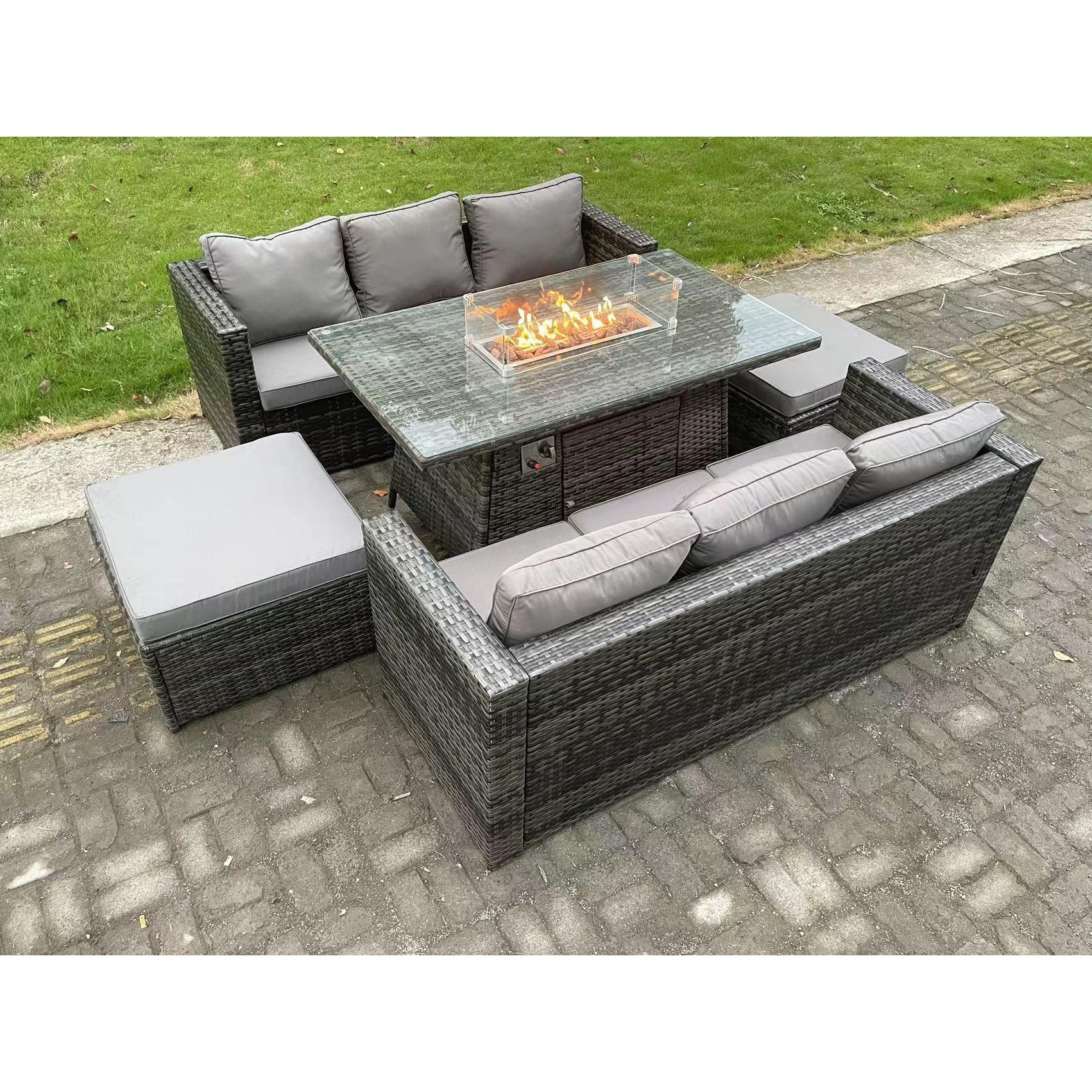 8 Seater Outdoor Rattan Garden Furniture Sofa Set Gas Fire Pit Dining