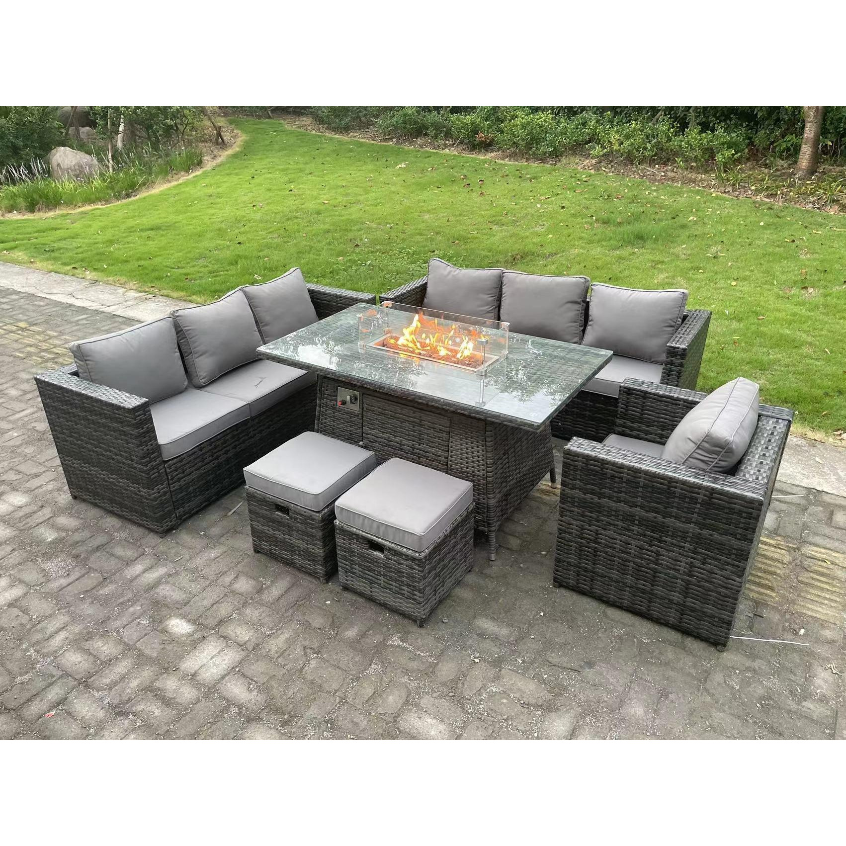 Rattan Garden Furniture Sofa Set Outdoor Patio Gas Fire Pit Dining