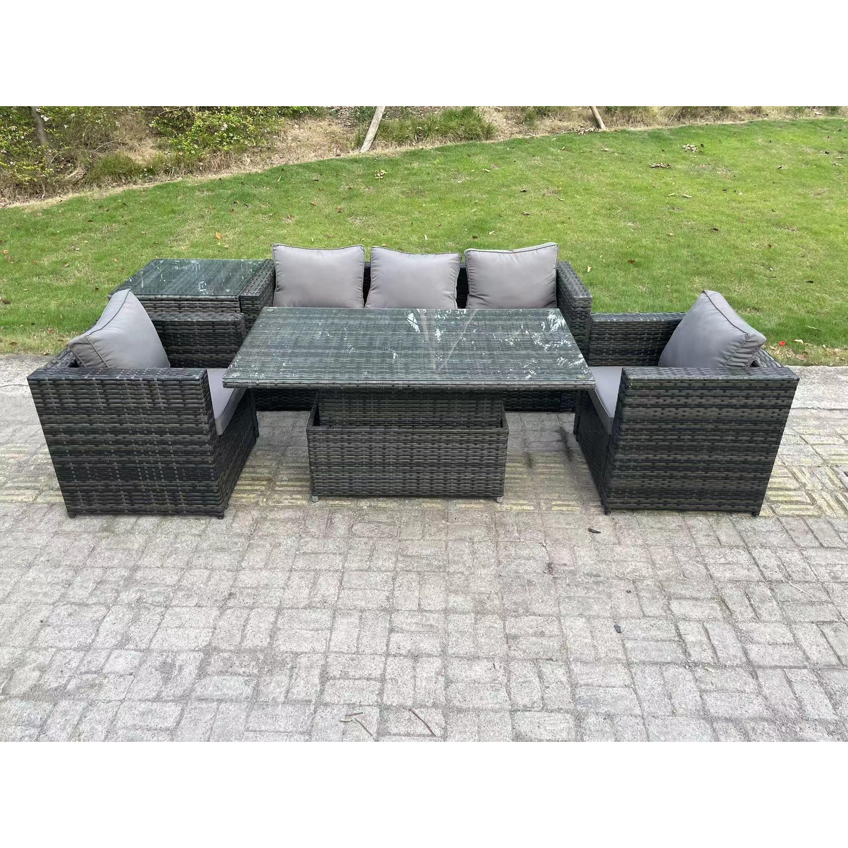 Outdoor Rattan Garden Furniture Sofa Set Patio Adjustable Rising Lifting Dining Table Set with