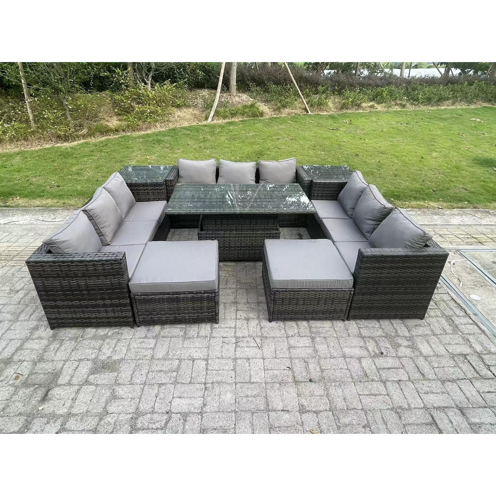 Wicker PE Rattan Garden Furniture Sofa Set Outdoor Adjustable Rising Lifting Dining Table Set 11