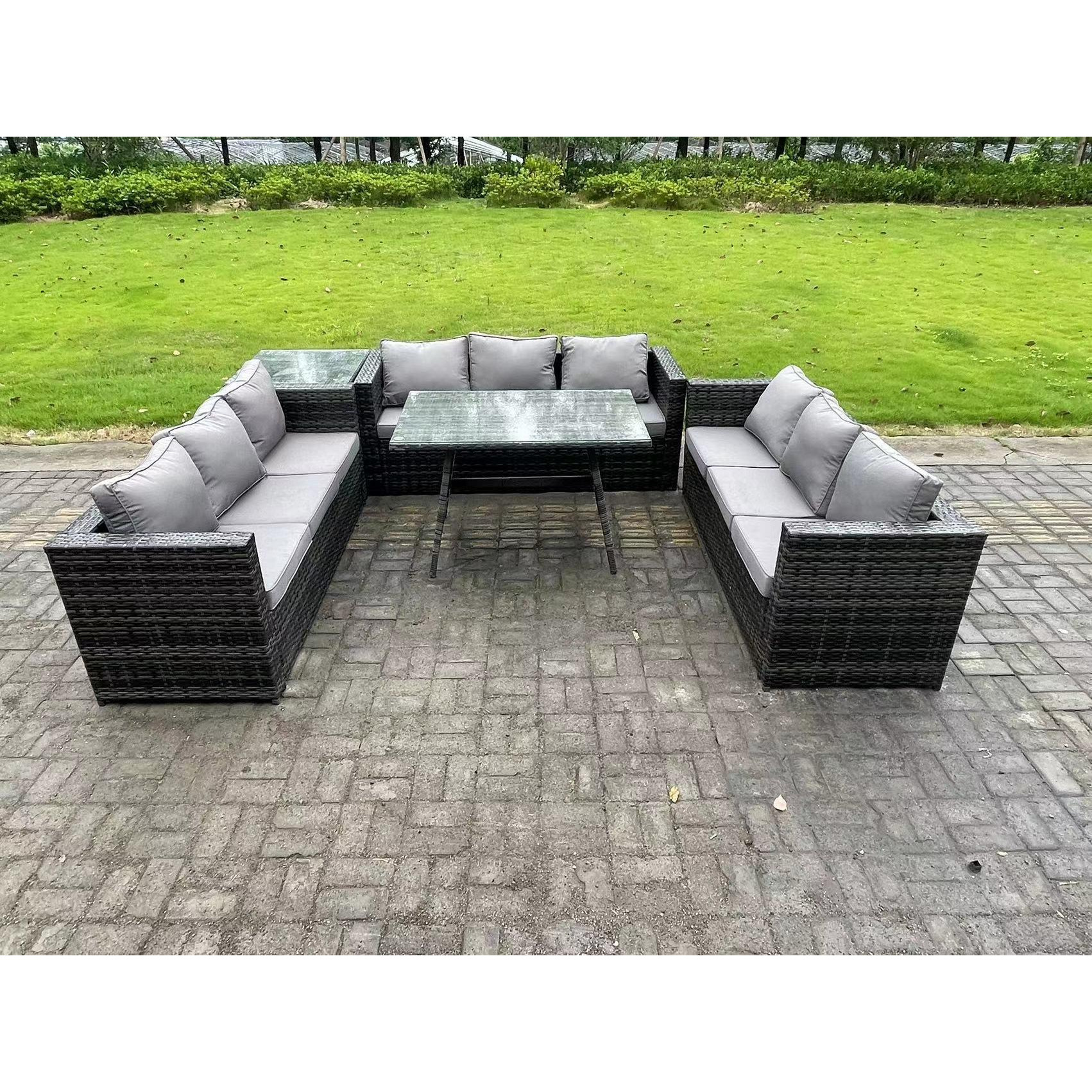 Rattan Outdoor Garden Furniture Set Garden Dining Table Set with Patio Side Table 9 Seater Dark