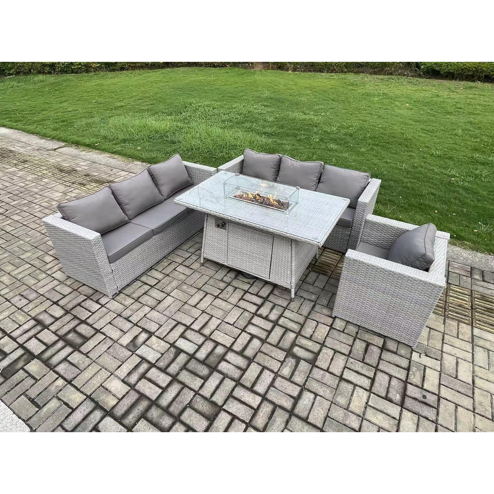 7 Seater Outdoor Garden Dining Sets Rattan Furniture Gas Fire Pit Dining Table Gas Heater with