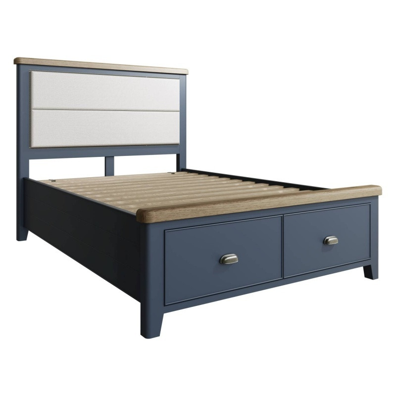 Downtown Hexham Painted Blue Bed With Fabric Headboard and Drawer