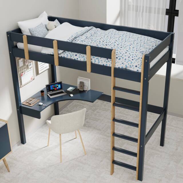 Bunk Bed With Desk - High Sleeper Loft Bed Frame For Kids - Blue + Pine ...