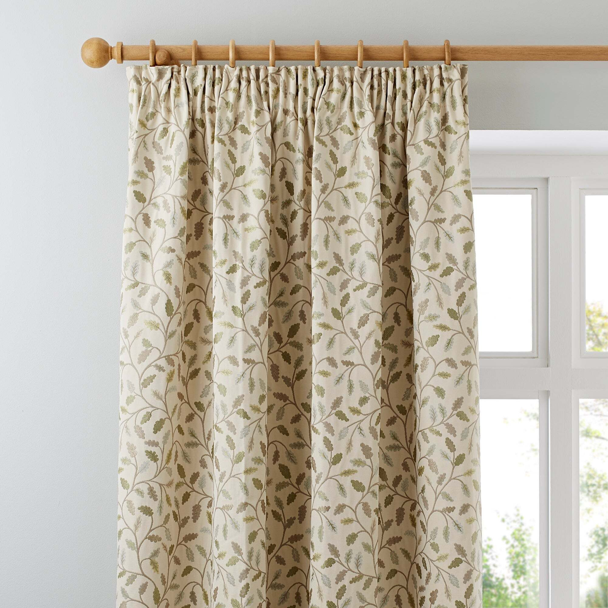Heritage Glava Green Pencil Pleat Curtains Green and Beige by Dunelm