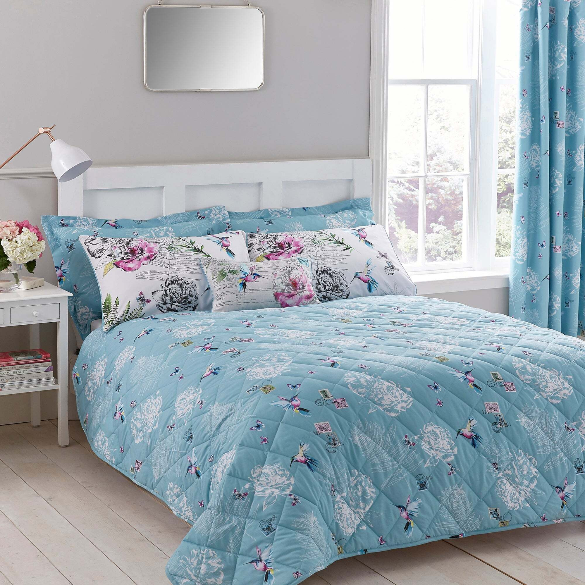 Heavenly Hummingbird Bedspread Blue by Dunelm