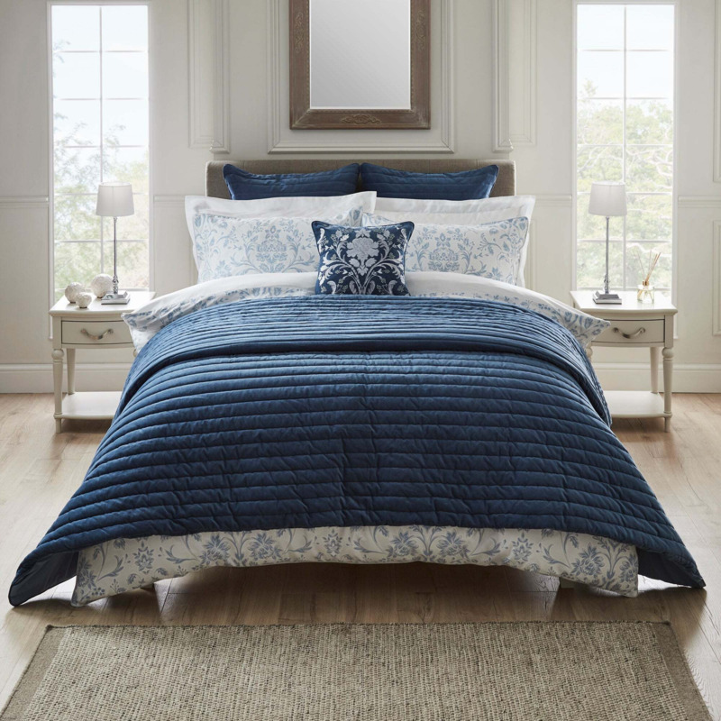 Dorma Remington Cotton Velvet Blue Bedspread Blue by Dunelm