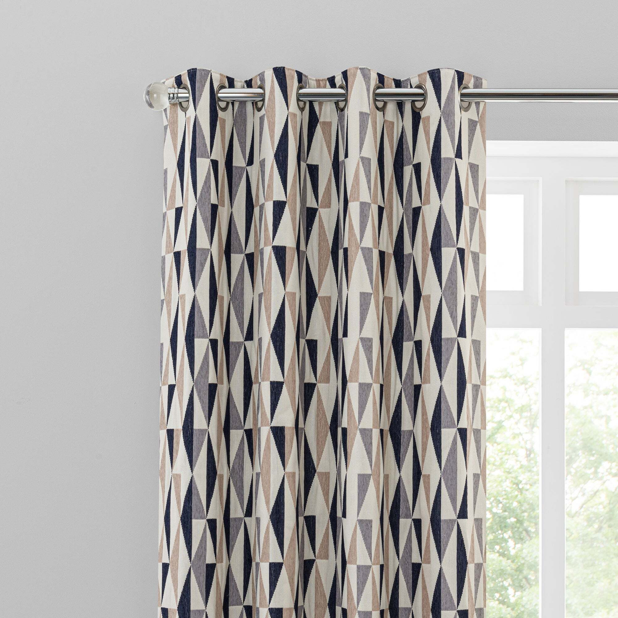 Elements Triangles Navy Eyelet Curtains Navy Blue, Brown and White by