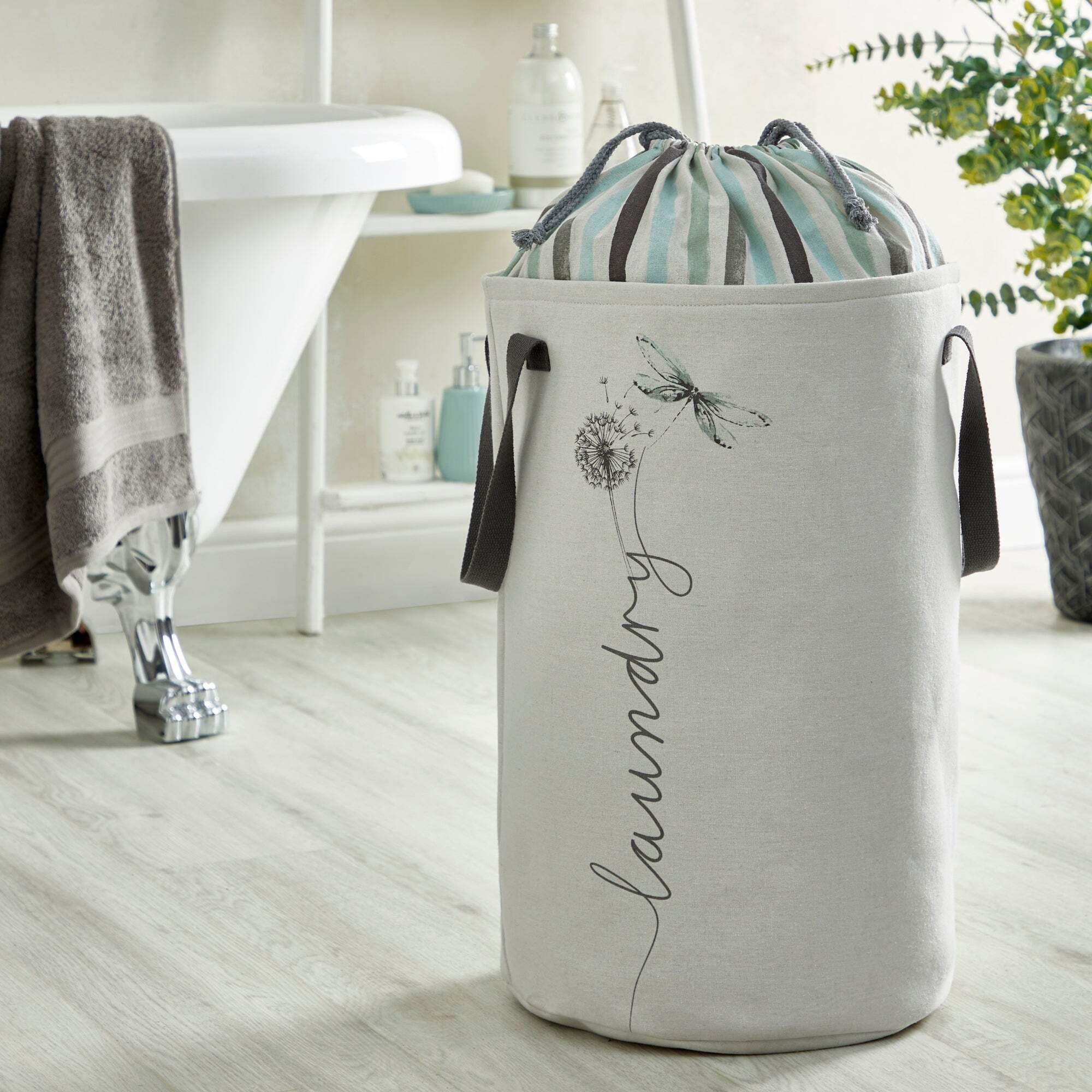 Dragon Fly White Draw String Laundry Bag Green and White by Dunelm