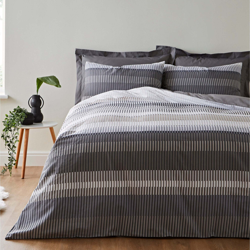 Elements Otis Grey Striped 100 Cotton Reversible Duvet Cover and Pillowcase Set Grey by Dunelm