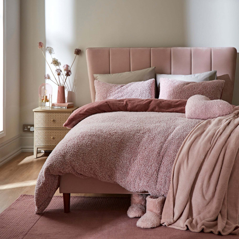 Teddy Bear Feather Soft Marl Reversible Duvet Cover and Pillowcase Set Pink by Dunelm