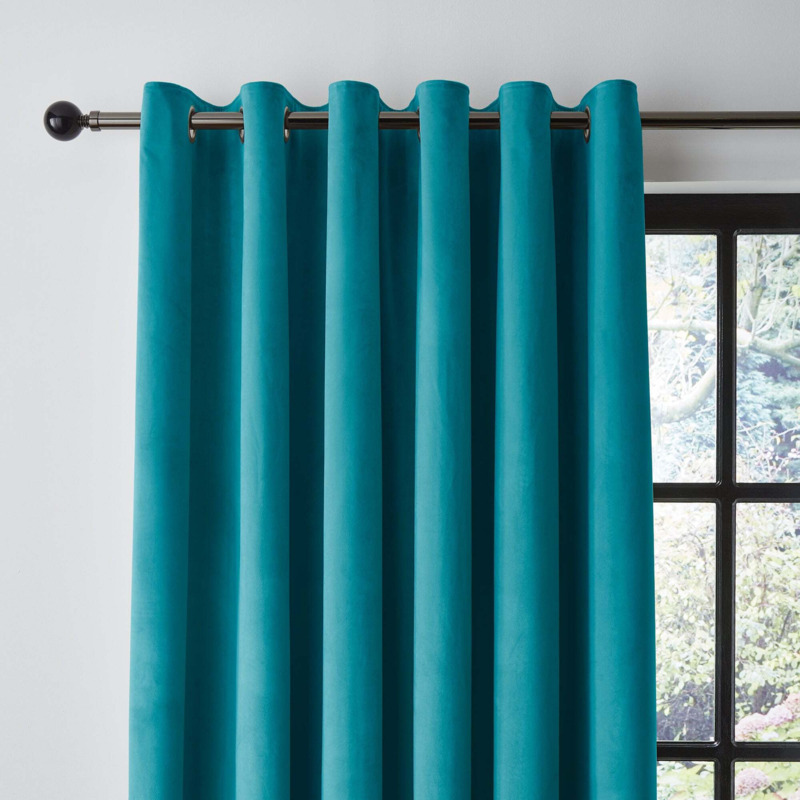 Recycled Velour Teal Eyelet Curtains Blue By Dunelm