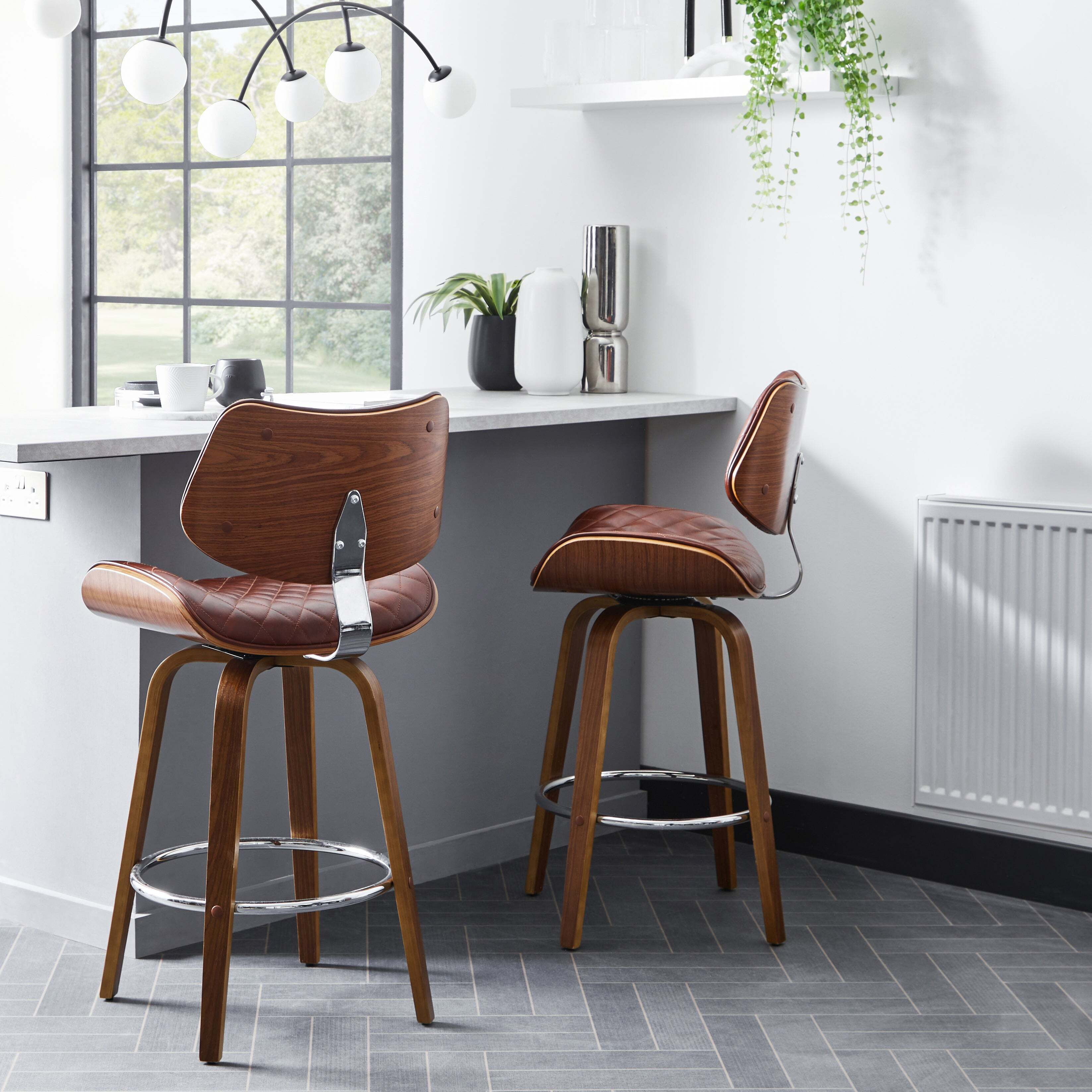 Remy Counter Height Bar Stool, Faux Leather Brown by Dunelm | ufurnish.com