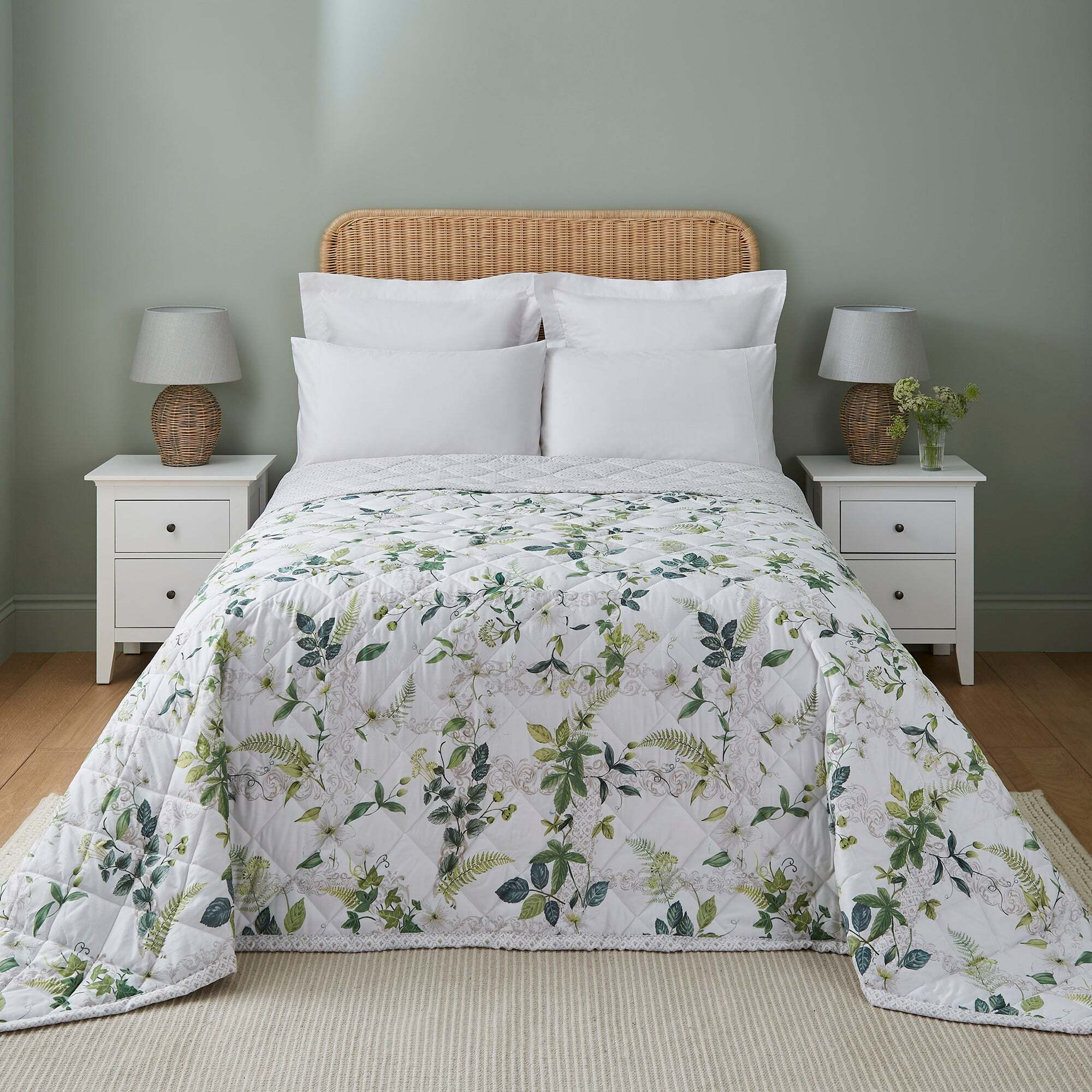 Dorma Botanical Garden 100 Cotton Bedspread White/Green by Dunelm