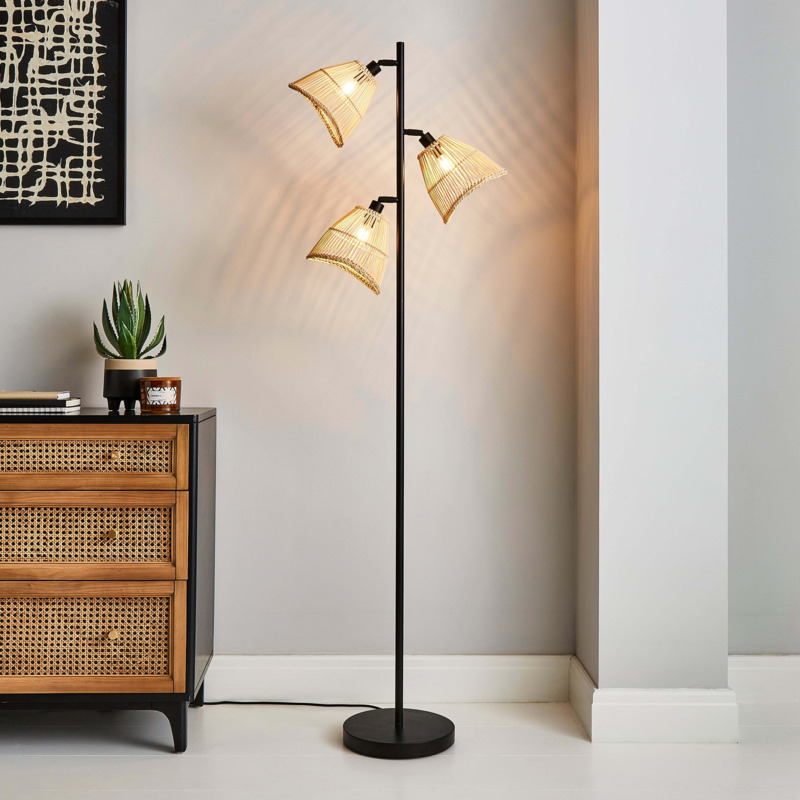 Elements Jaula 3 Light Rattan Floor Lamp Brown by Dunelm