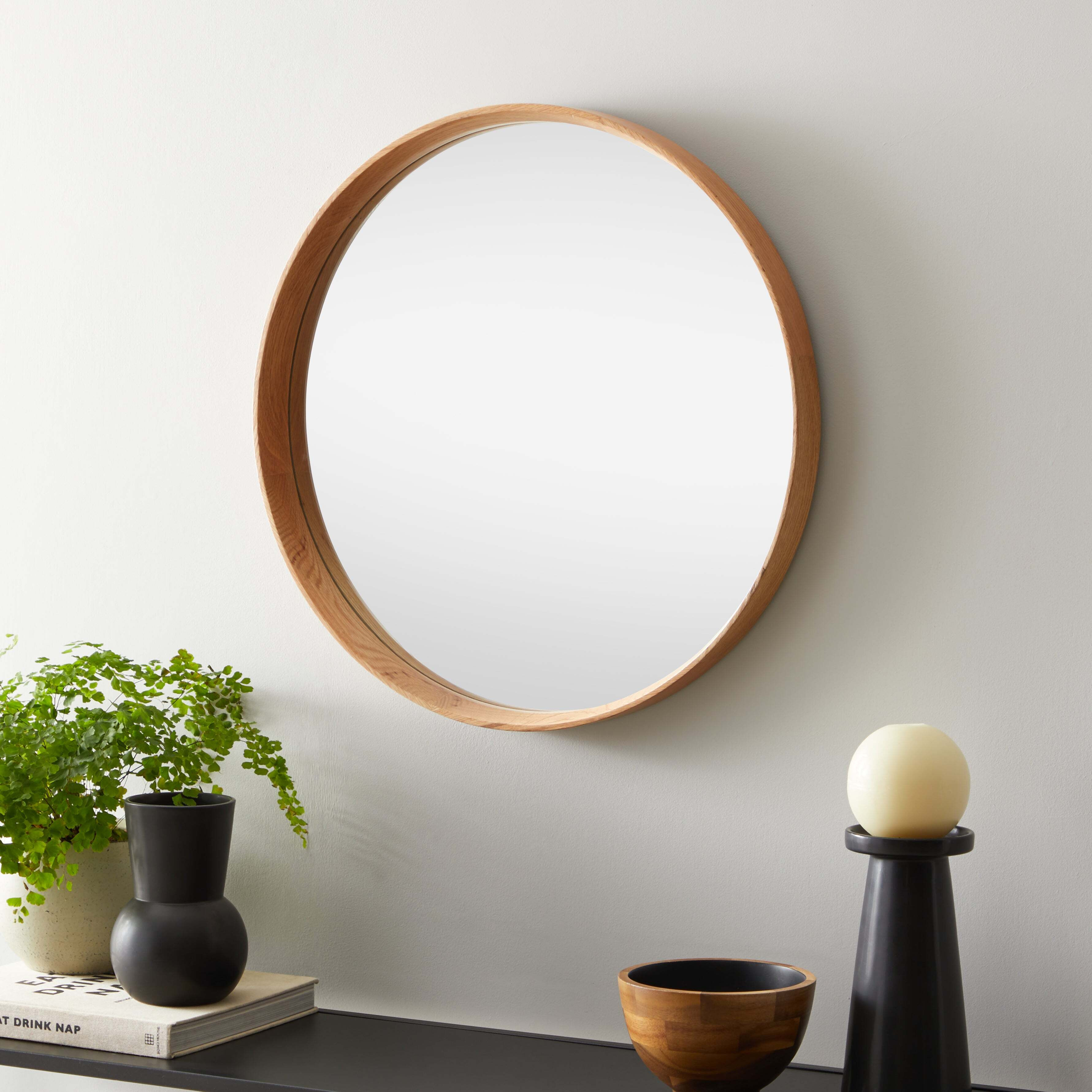 Elements Round Wall Mirror, Solid Oak 55cm Brown by Dunelm