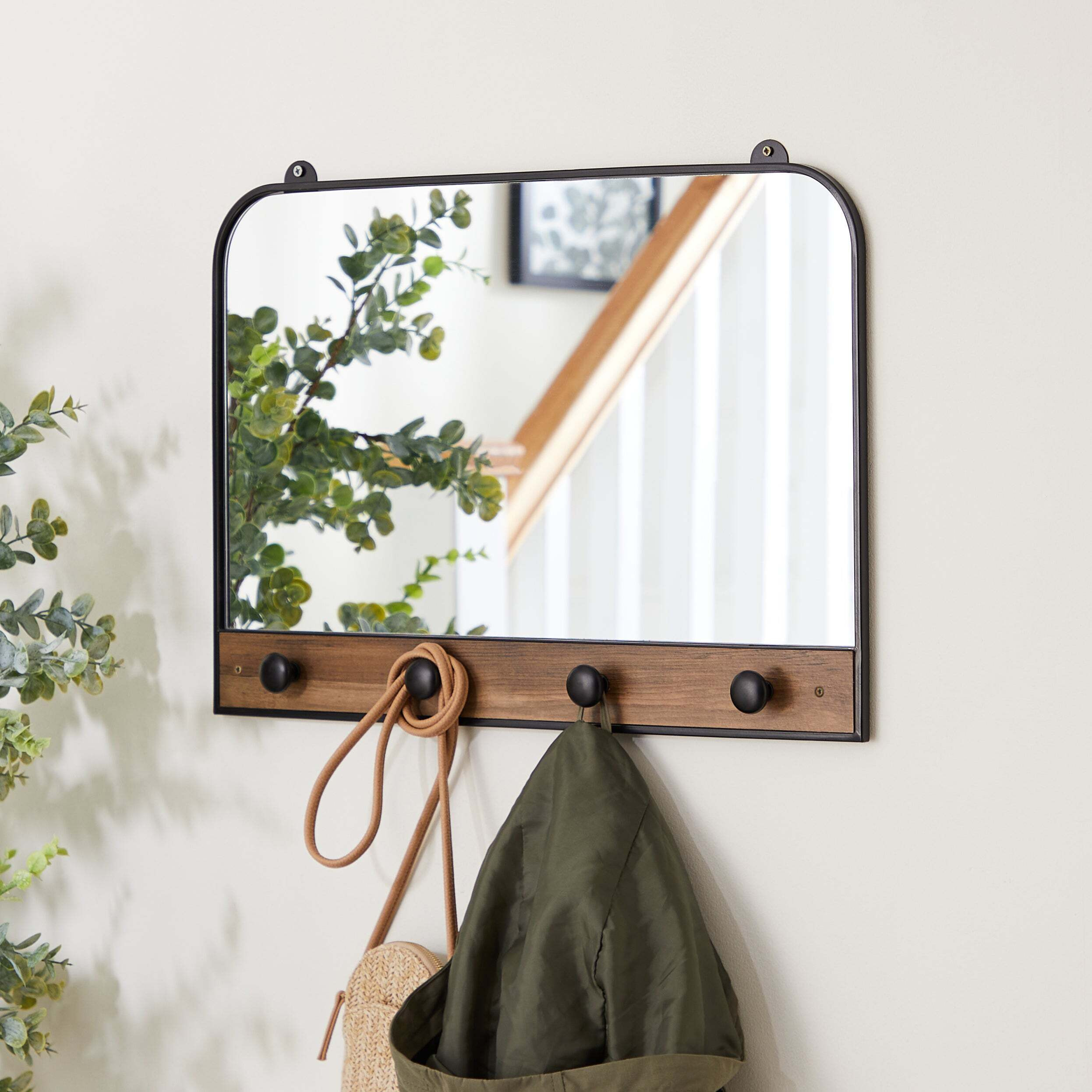 Fulton Rectangle Wall Mirror with Hooks, 55x38cm Black by Dunelm