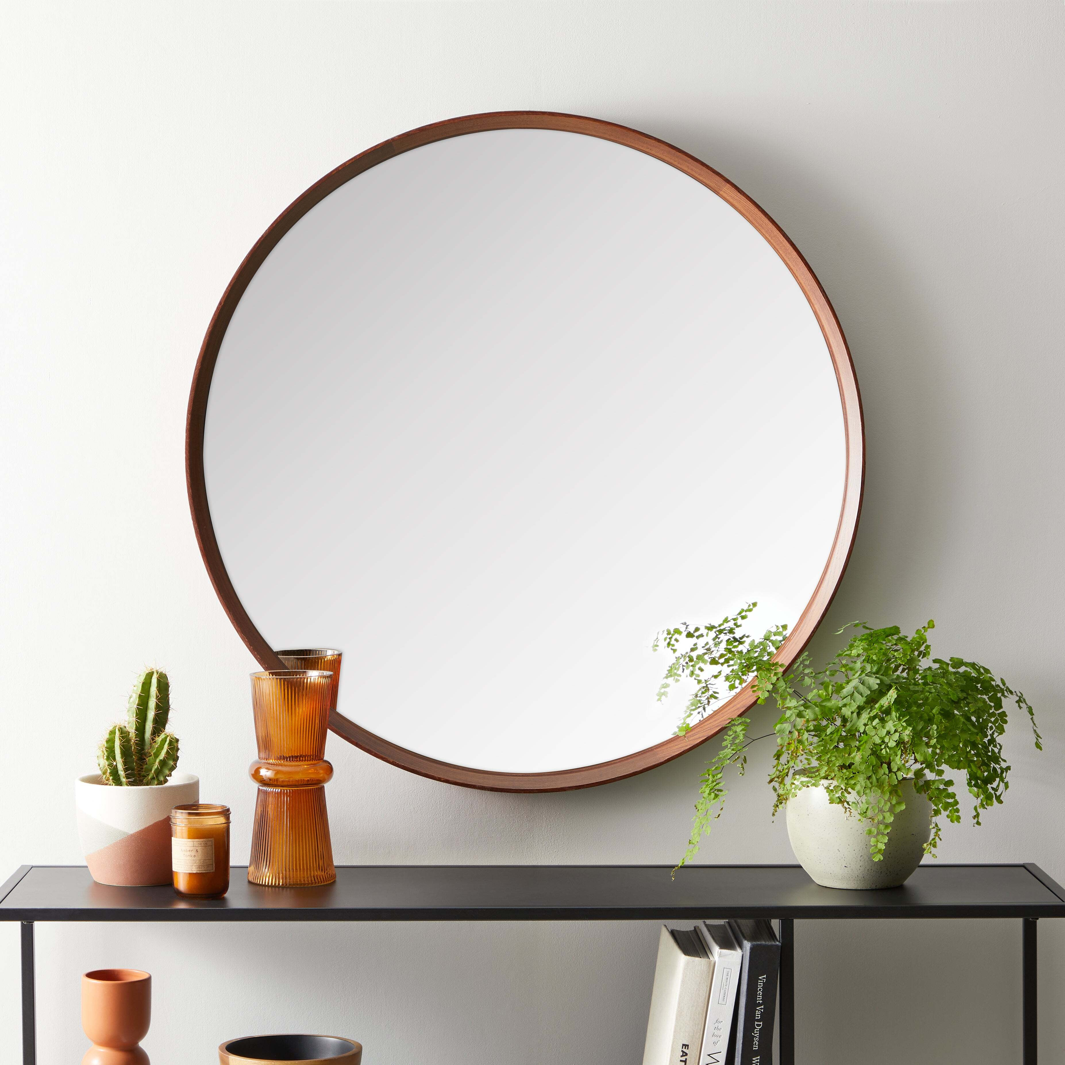 Elements Round Wall Mirror, Solid Oak 80cm Brown by Dunelm