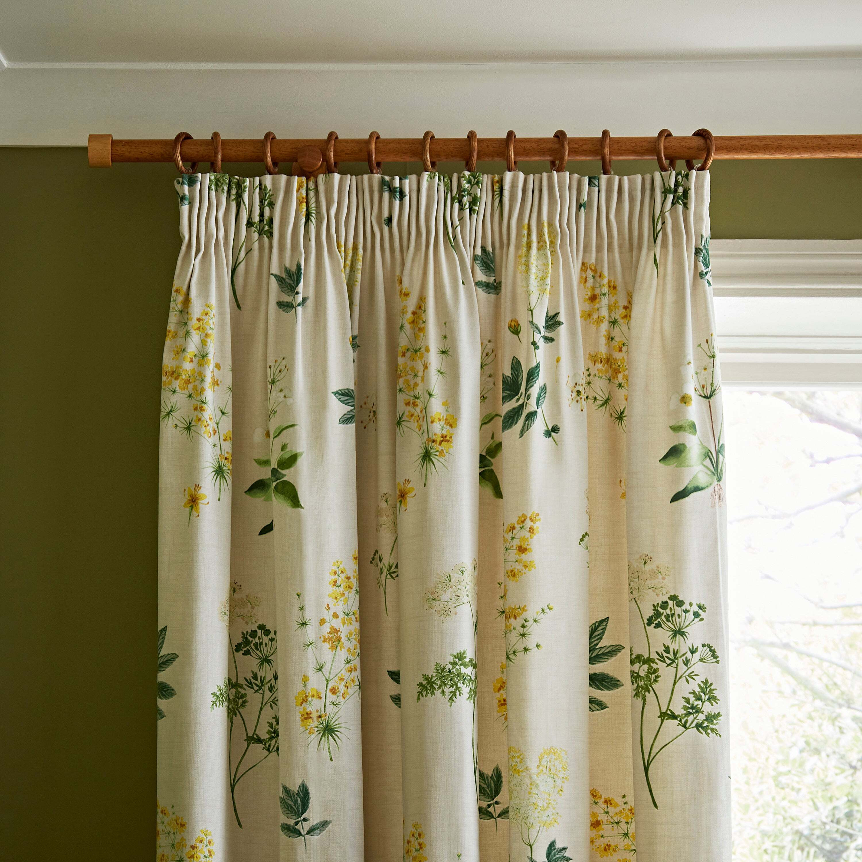 Marsh Botanical Ochre Pencil Pleat Curtains Green/Yellow by Dunelm ...