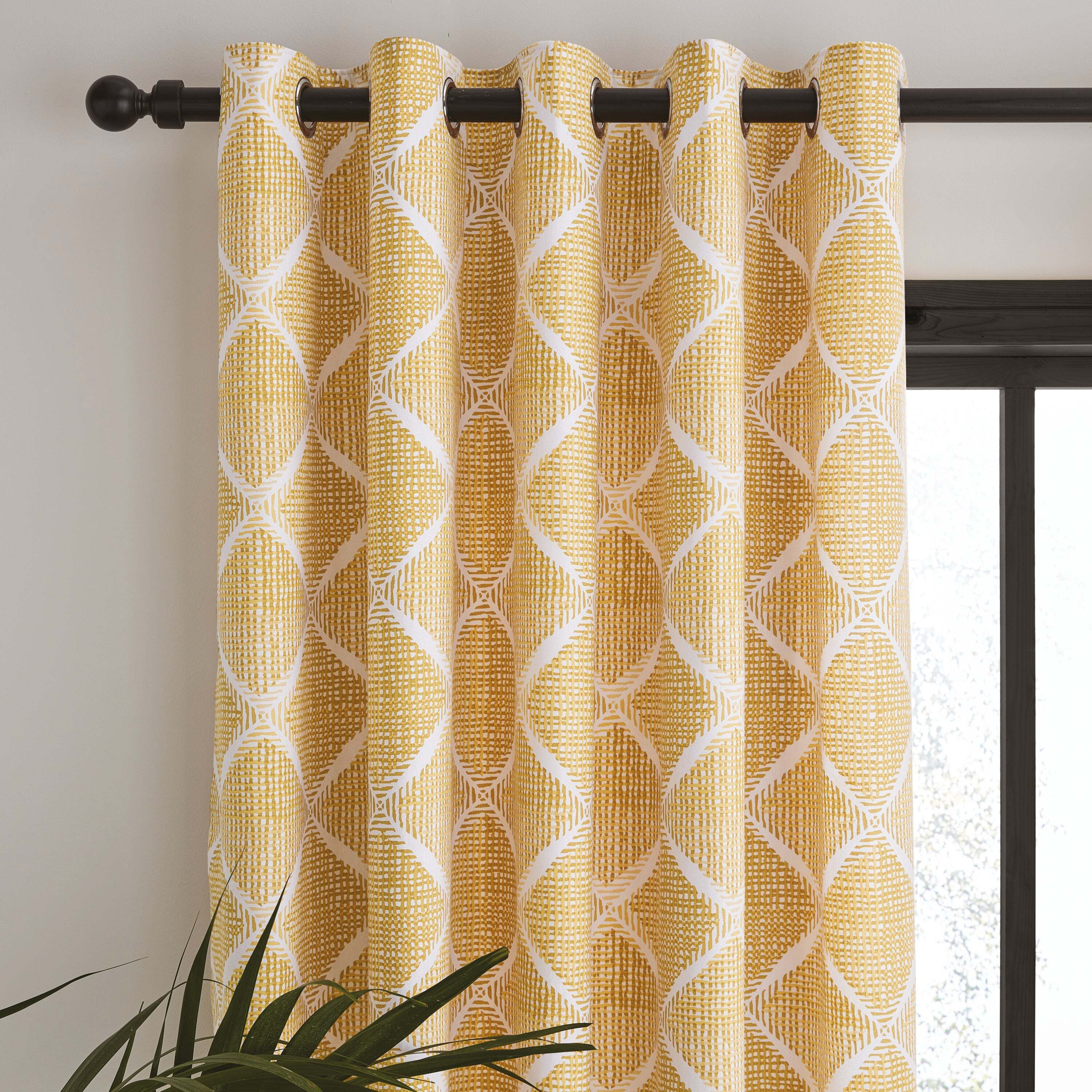 Catherine Lansfield Geo Textured Diamond Ochre Eyelet Curtains Yellow ...
